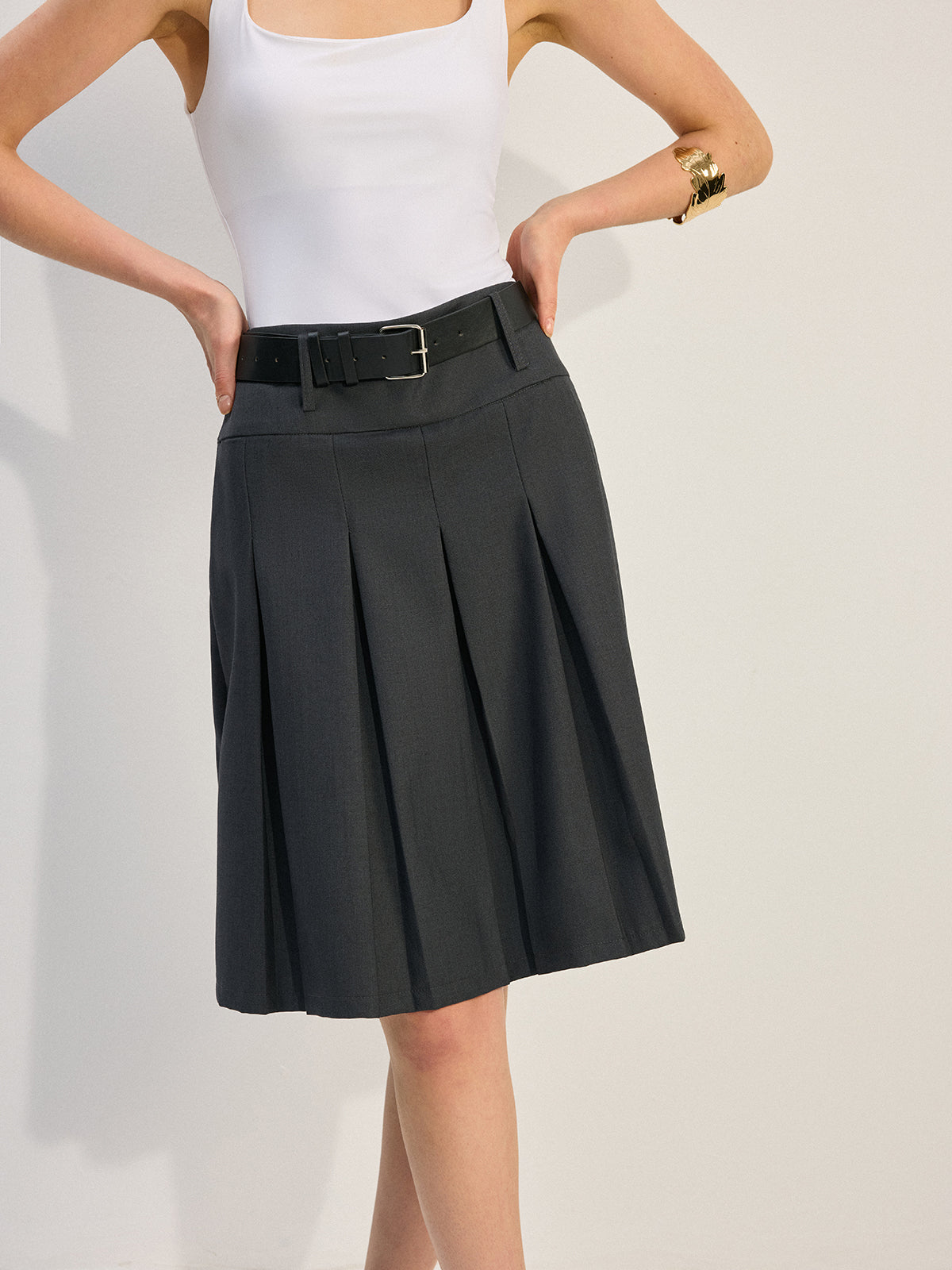 Belted Pleated Skirt-Chicvia