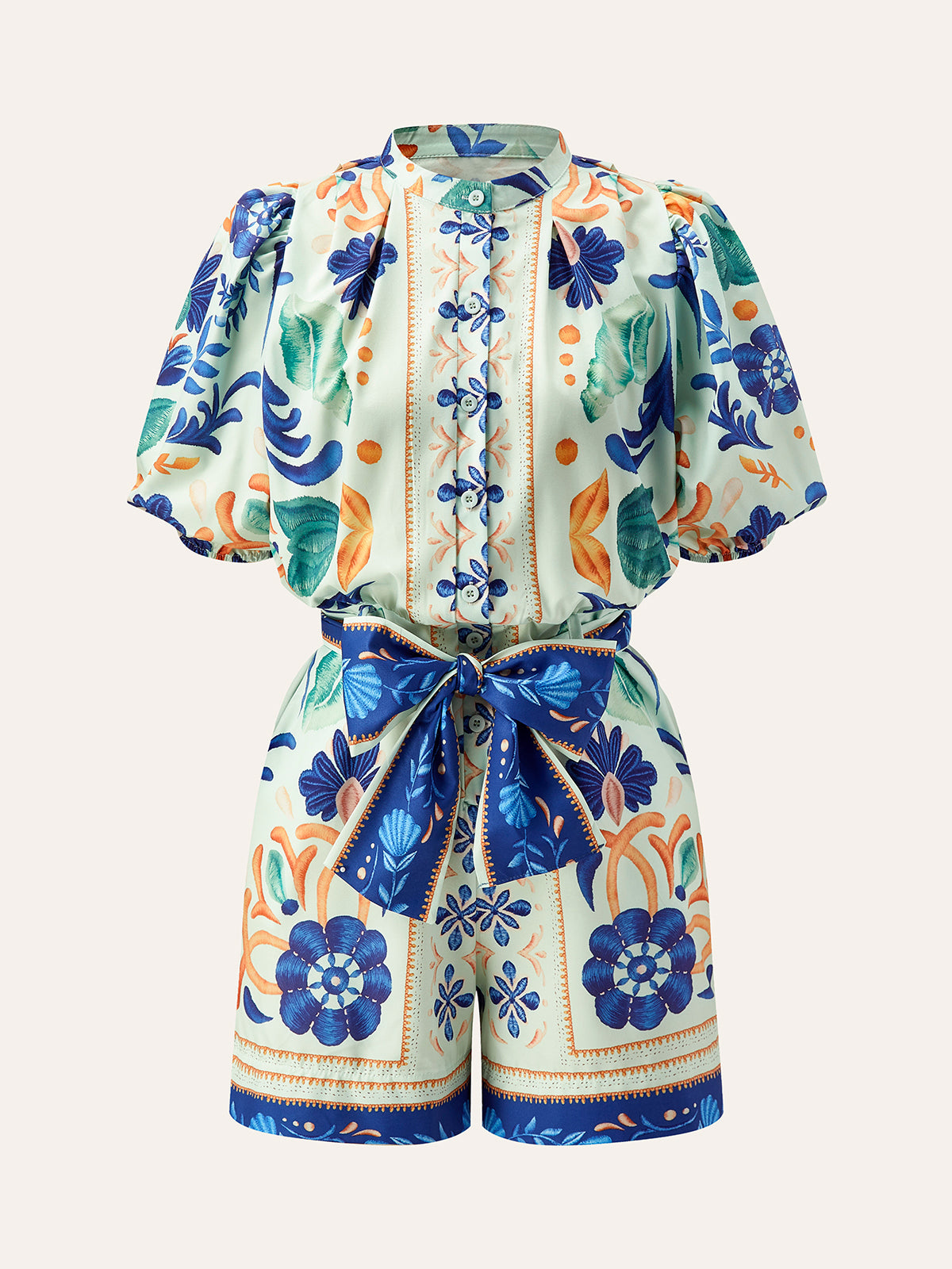 Floral Print Tie-Waist Jumpsuit-Chicvia