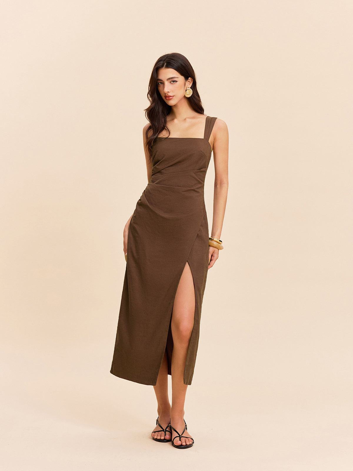 Cotton & Linen Slit Dress-Chicvia