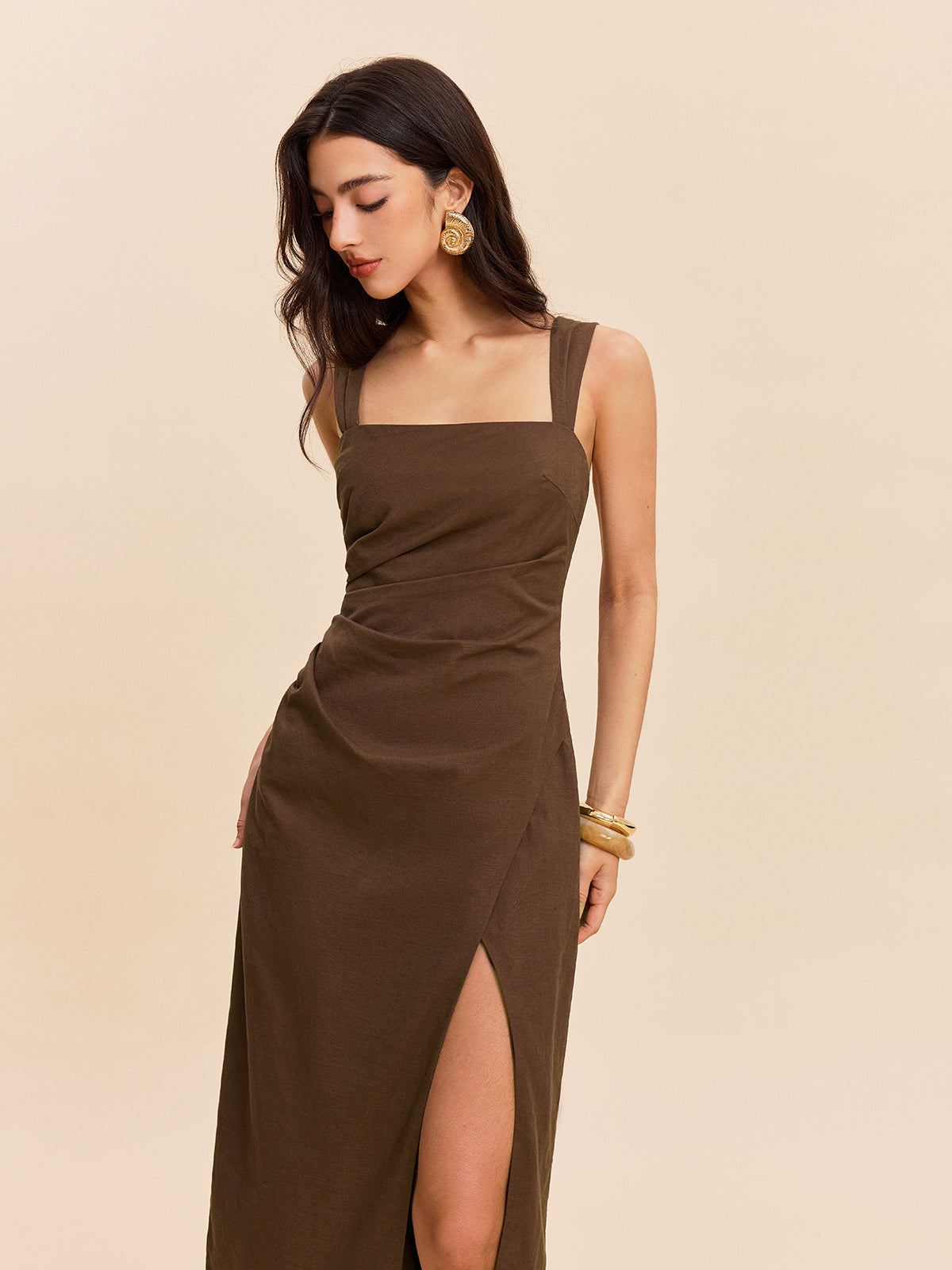 Cotton & Linen Slit Dress-Chicvia