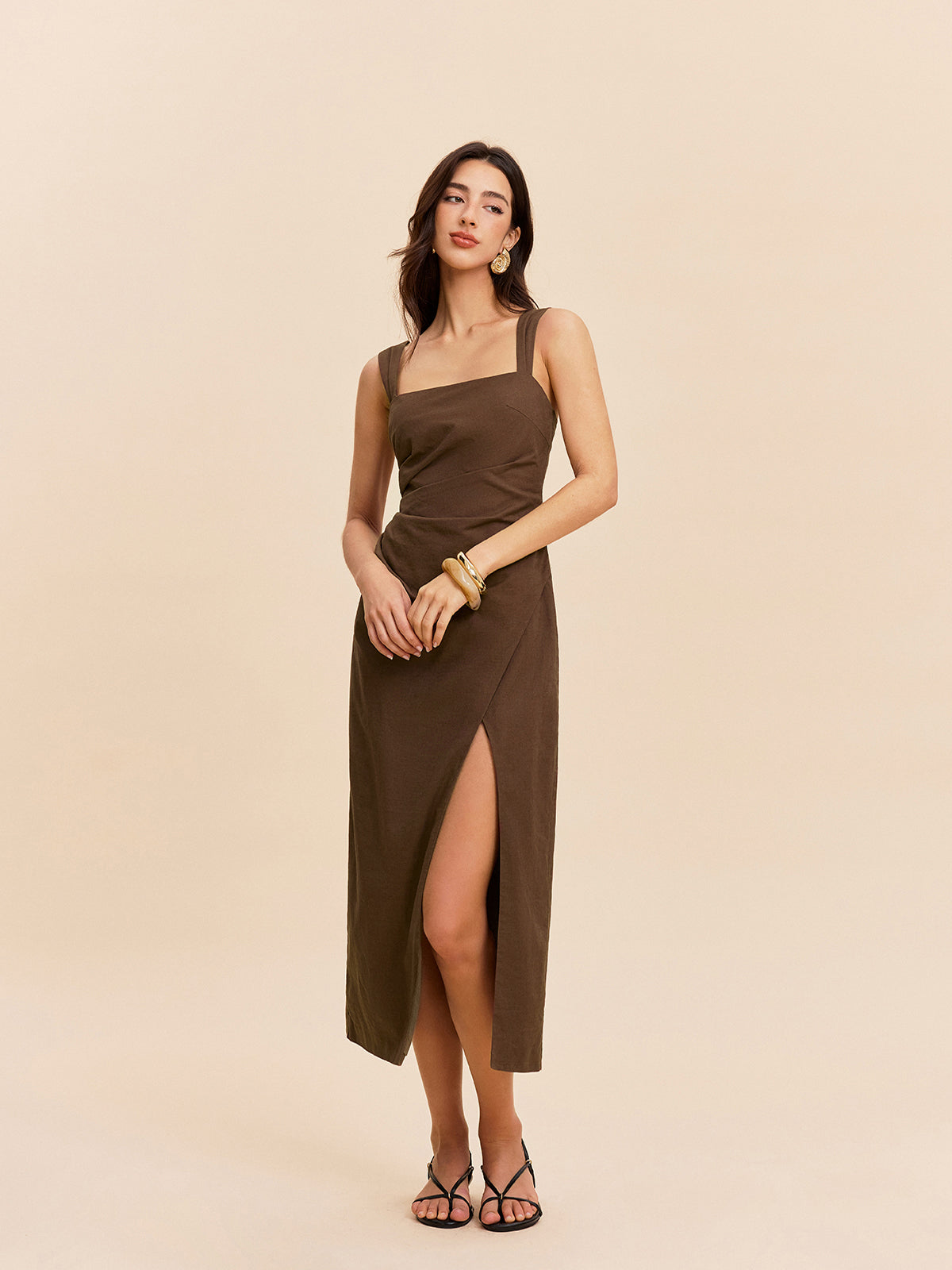 Cotton & Linen Slit Dress-Chicvia
