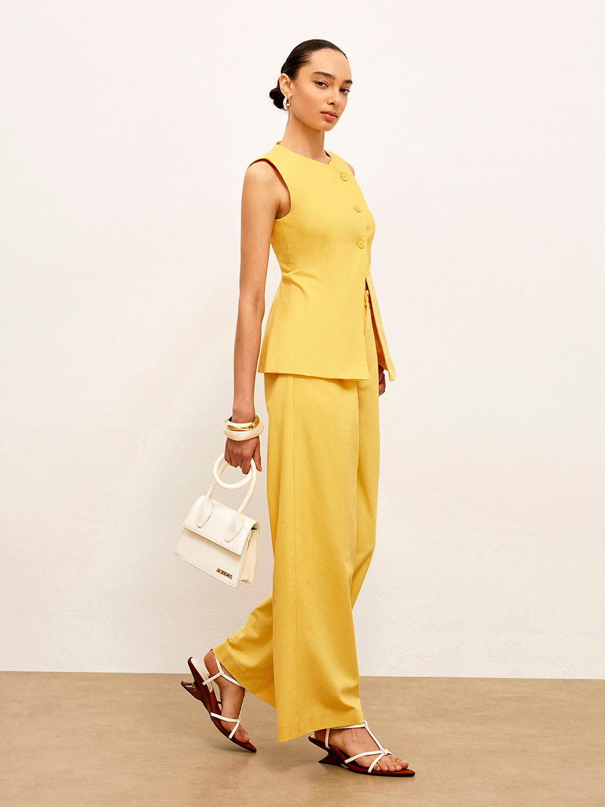 Linen & Cotton Asymmetrical Button Sleeveless Vest-Chicvia