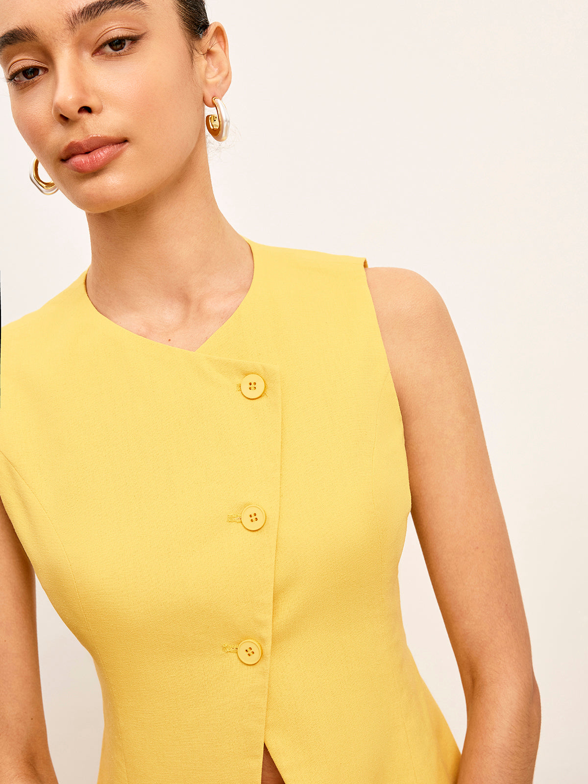 Linen & Cotton Asymmetrical Button Sleeveless Vest-Chicvia