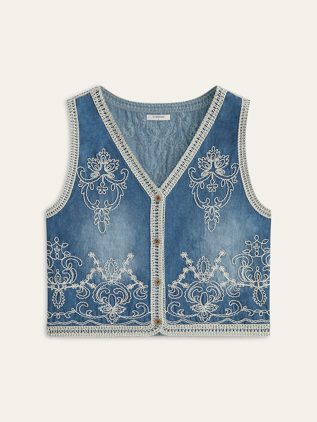 Embroidered Denim Button Vest-Chicvia