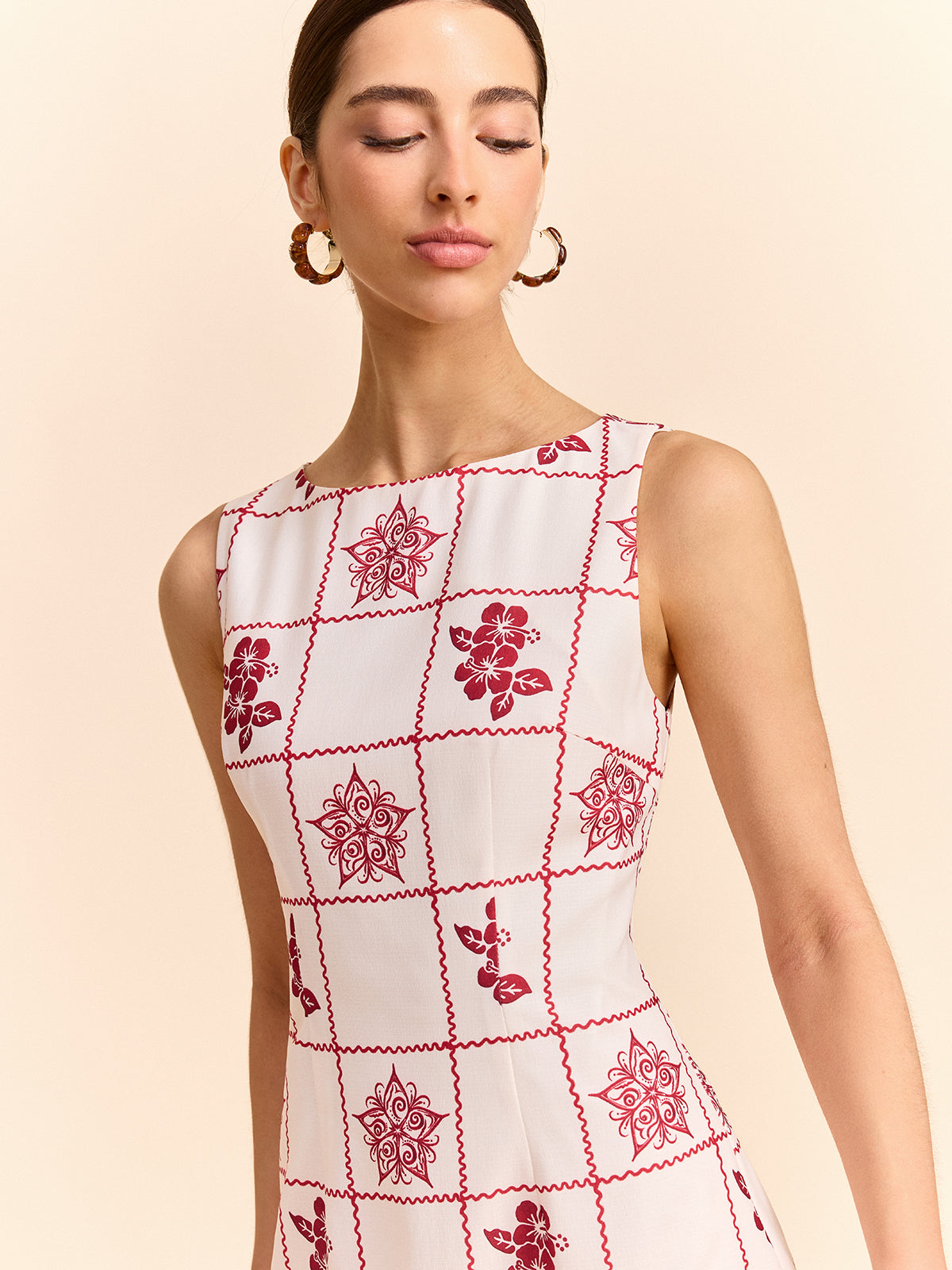 Grid and Floral Print Mini Dress-Chicvia