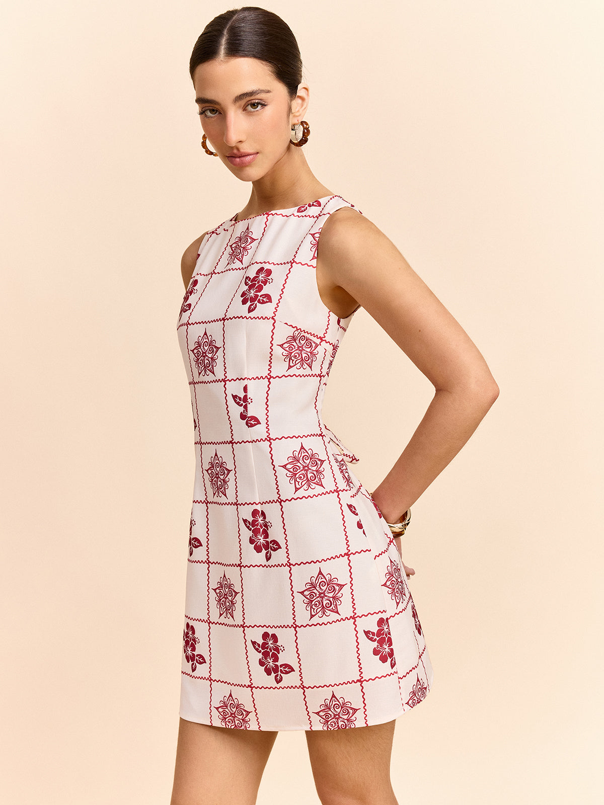 Grid and Floral Print Mini Dress-Chicvia