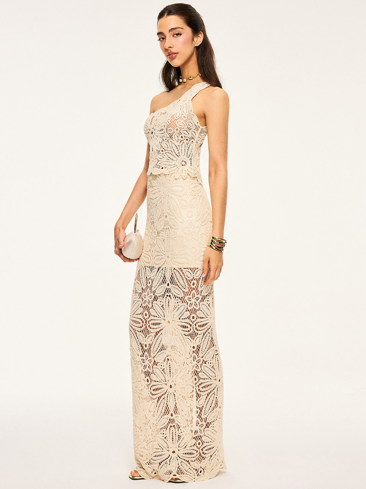 One-Shoulder Crochet Crop Top and Maxi Skirt Set-Chicvia