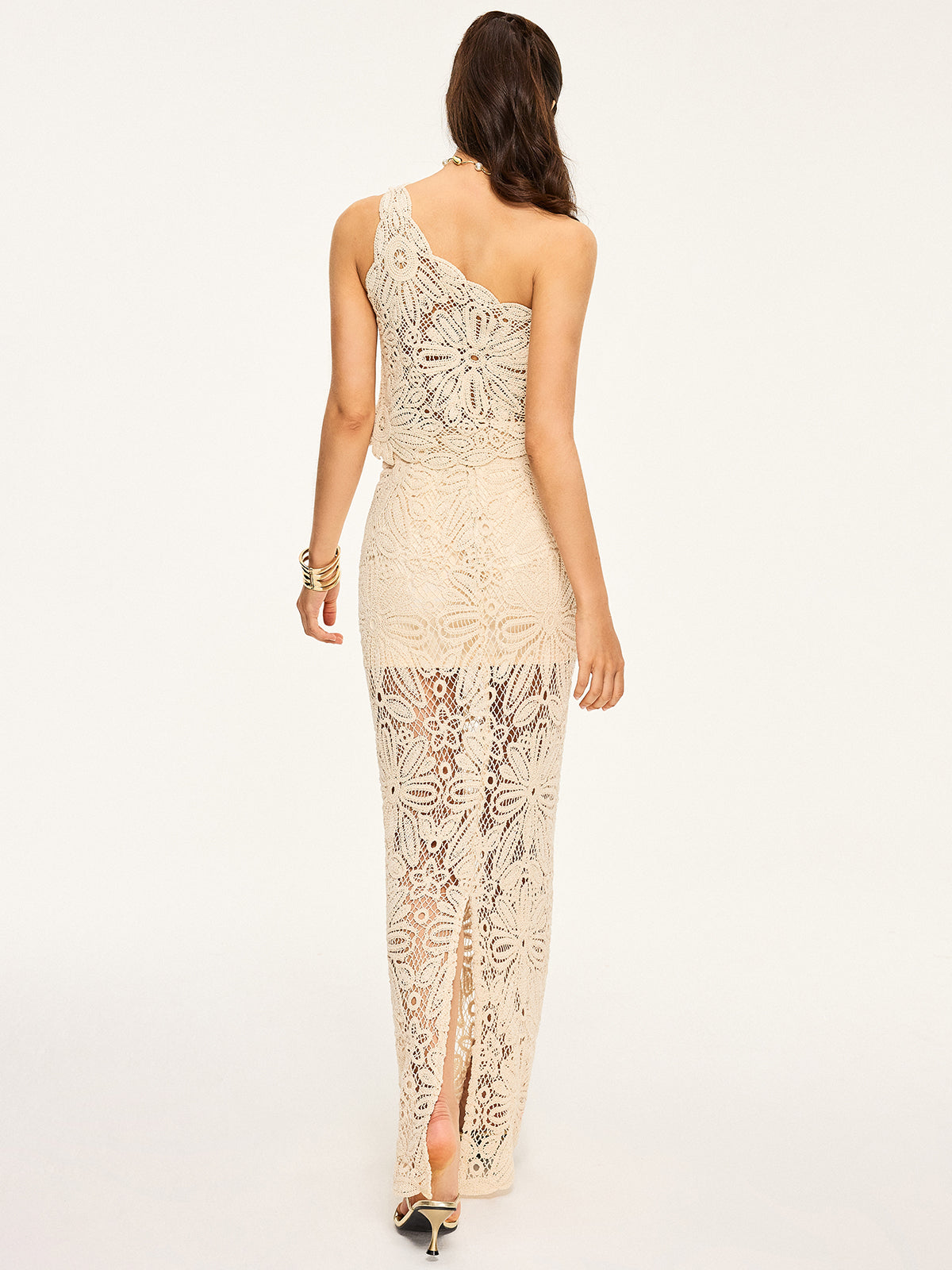 One-Shoulder Crochet Crop Top and Maxi Skirt Set-Chicvia