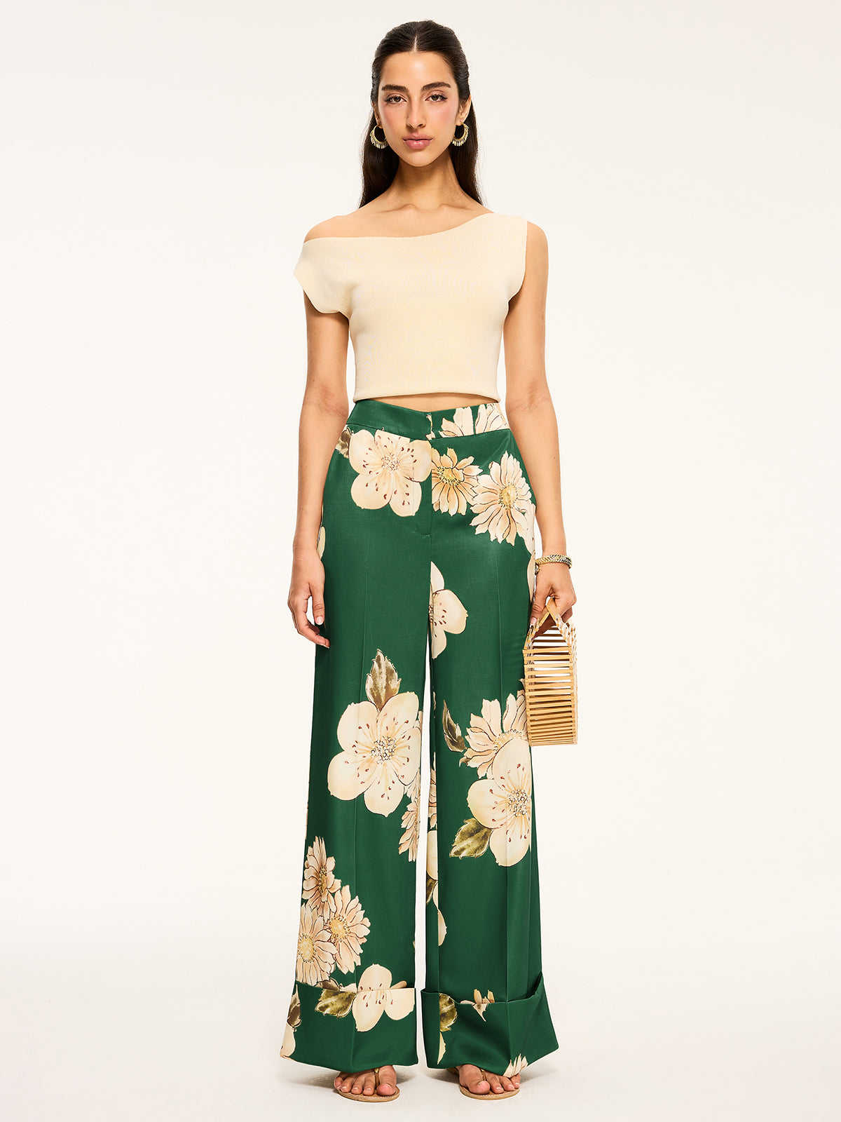 Floral Print Wide-Leg Pants-Chicvia