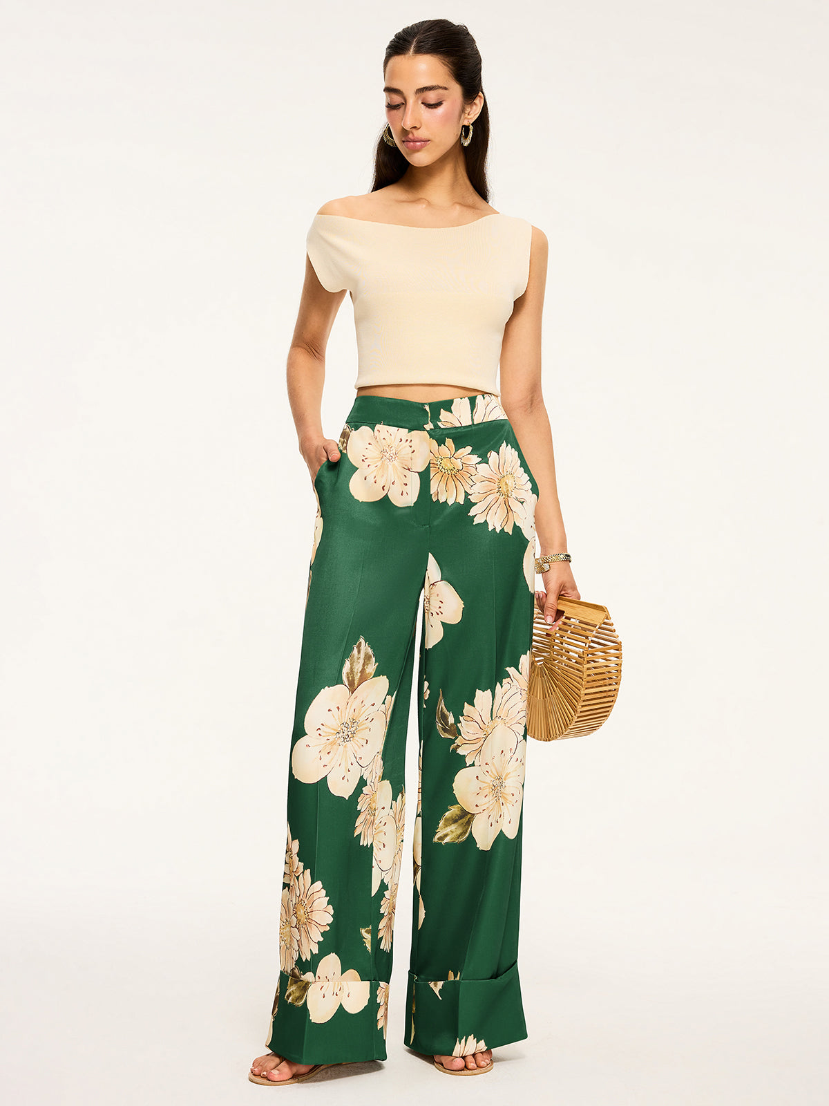 Floral Print Wide-Leg Pants-Chicvia