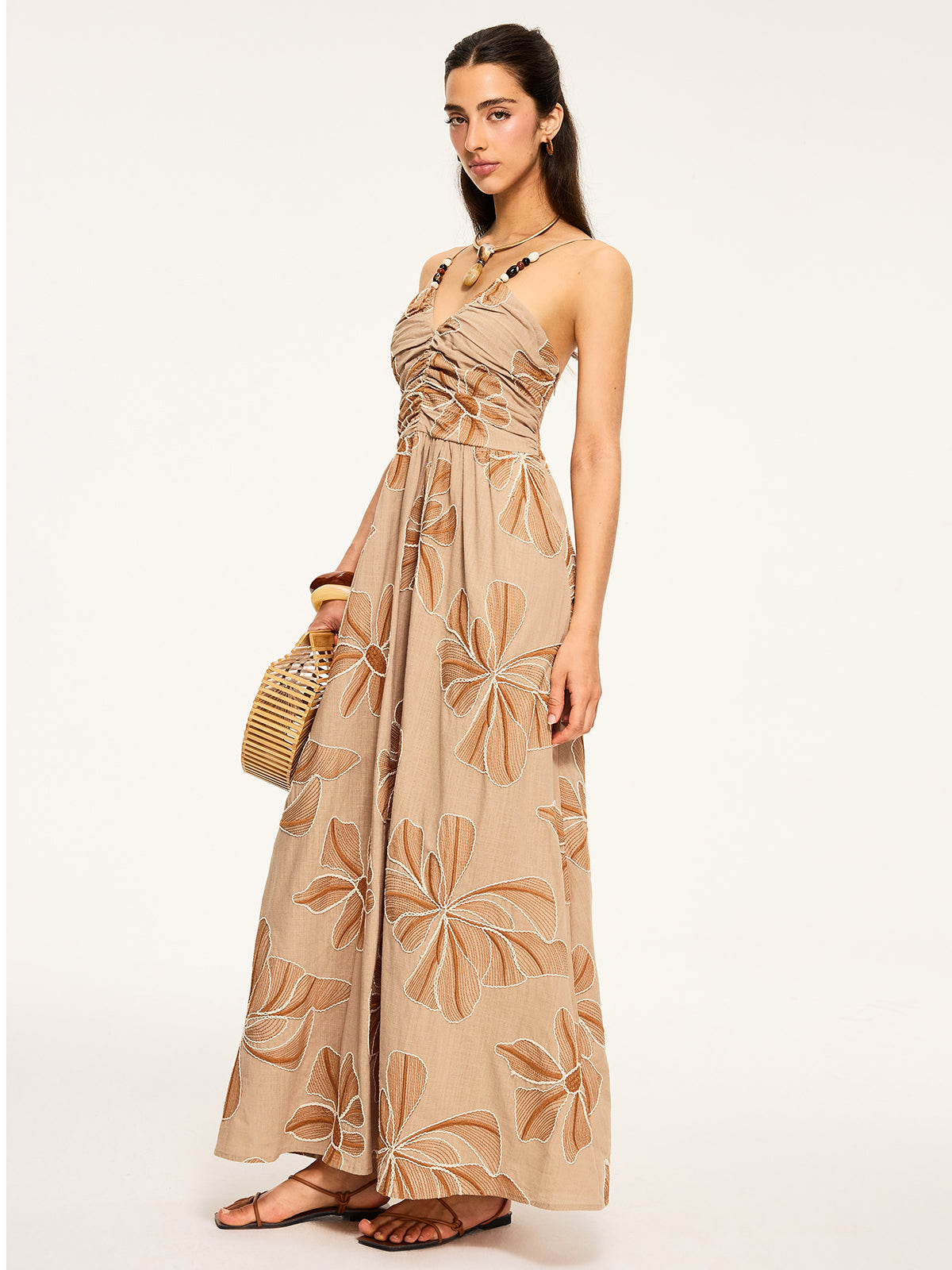 Floral Print Backless Maxi Dress-Chicvia