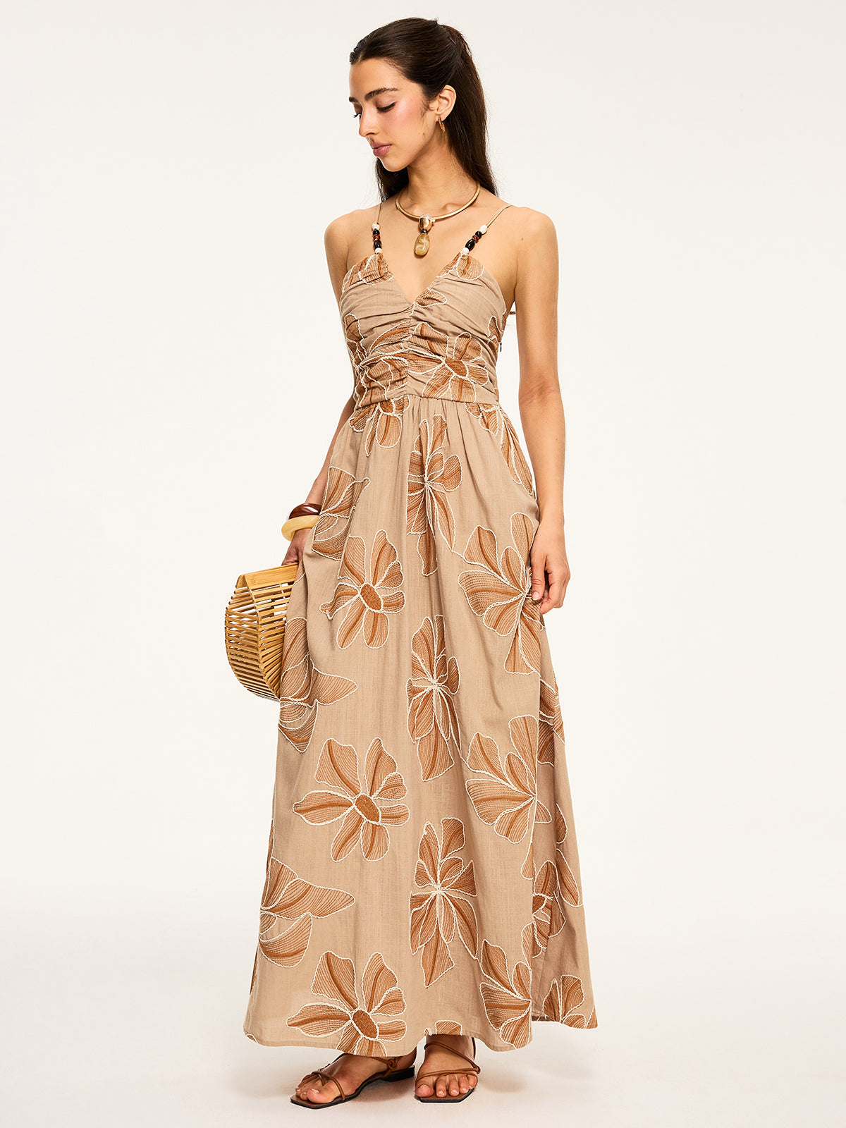 Floral Print Backless Maxi Dress-Chicvia