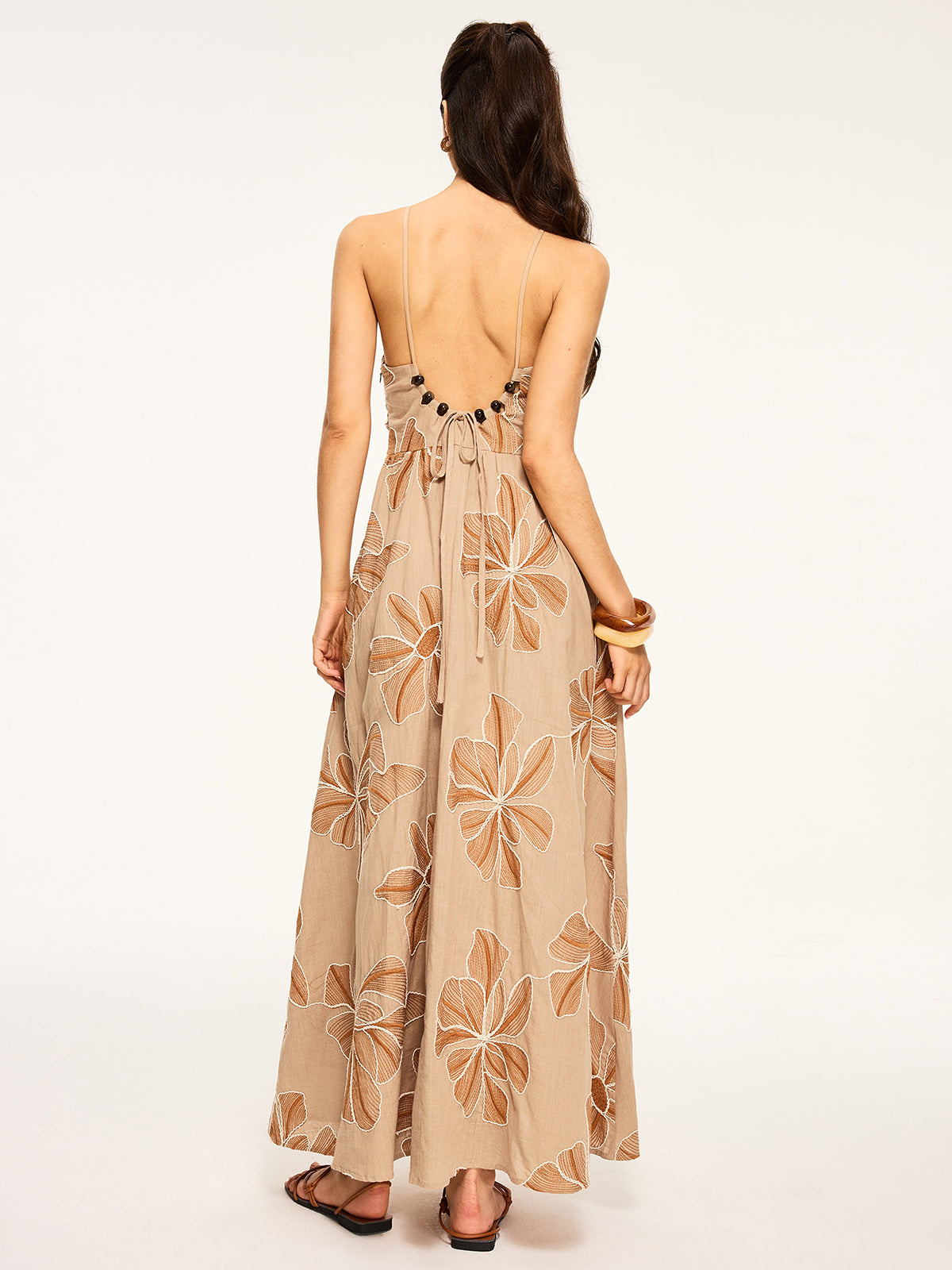 Floral Print Backless Maxi Dress-Chicvia