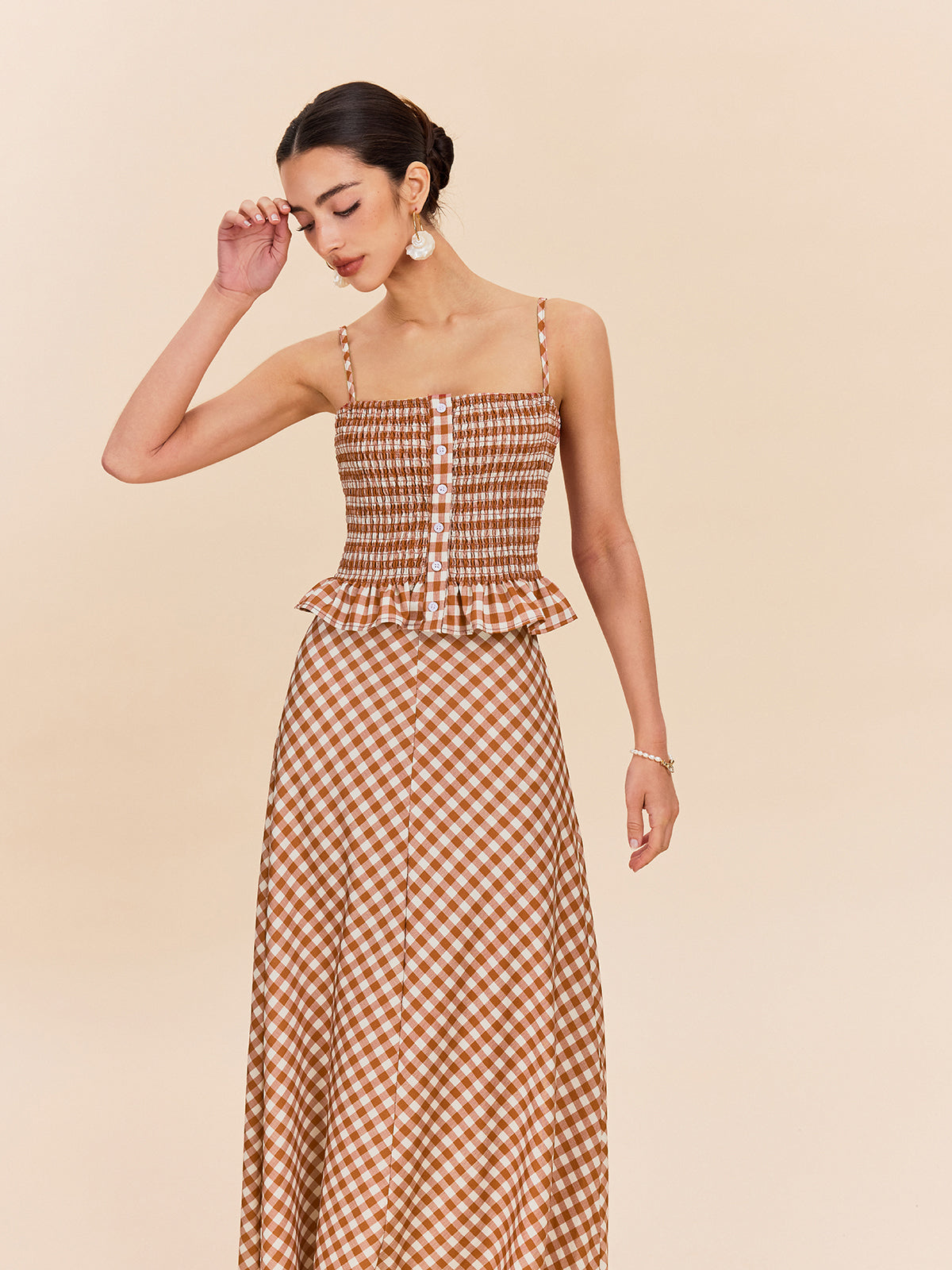 Gingham Smocked Peplum Cami Top-Chicvia