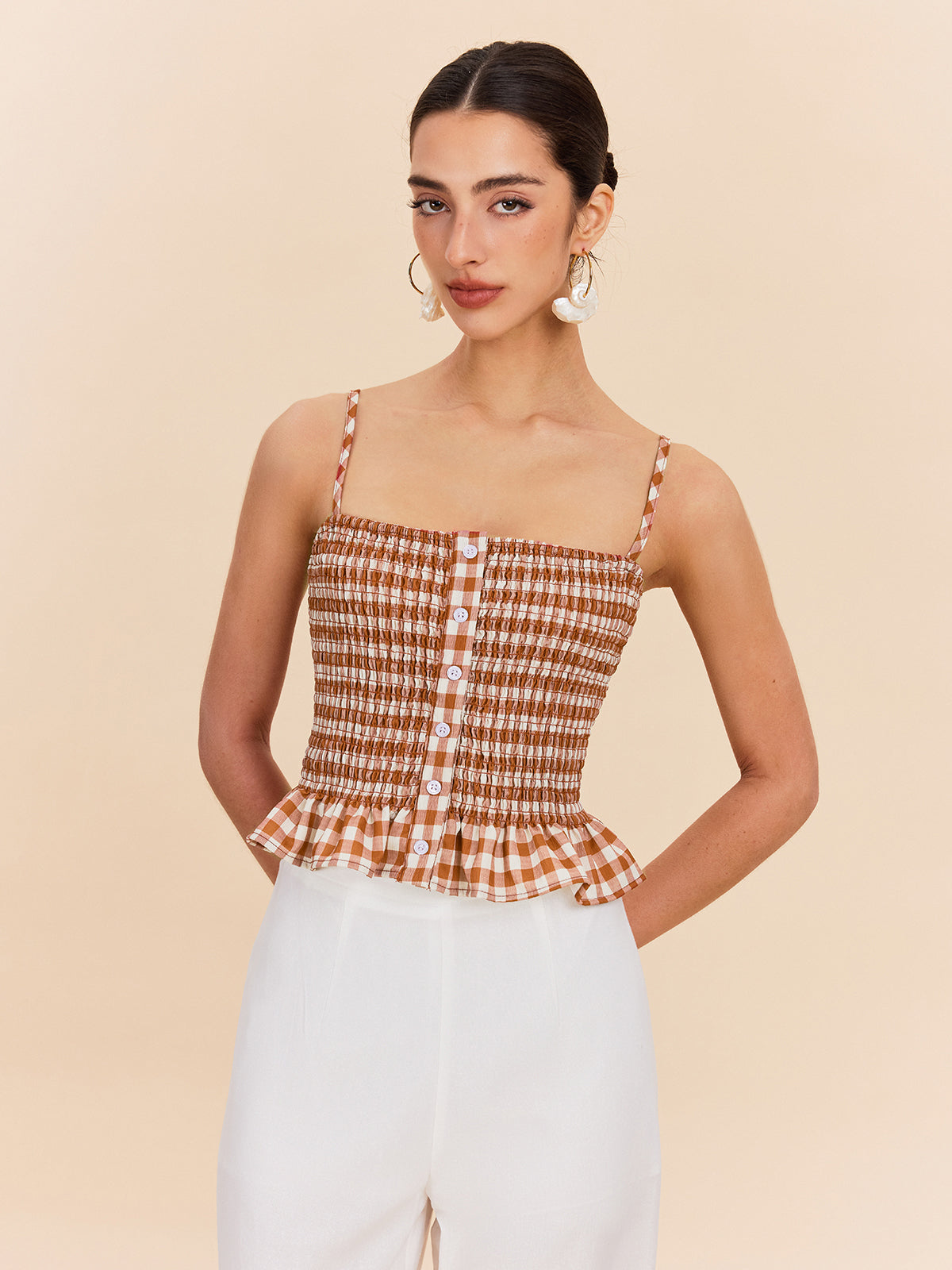 Gingham Smocked Peplum Cami Top-Chicvia