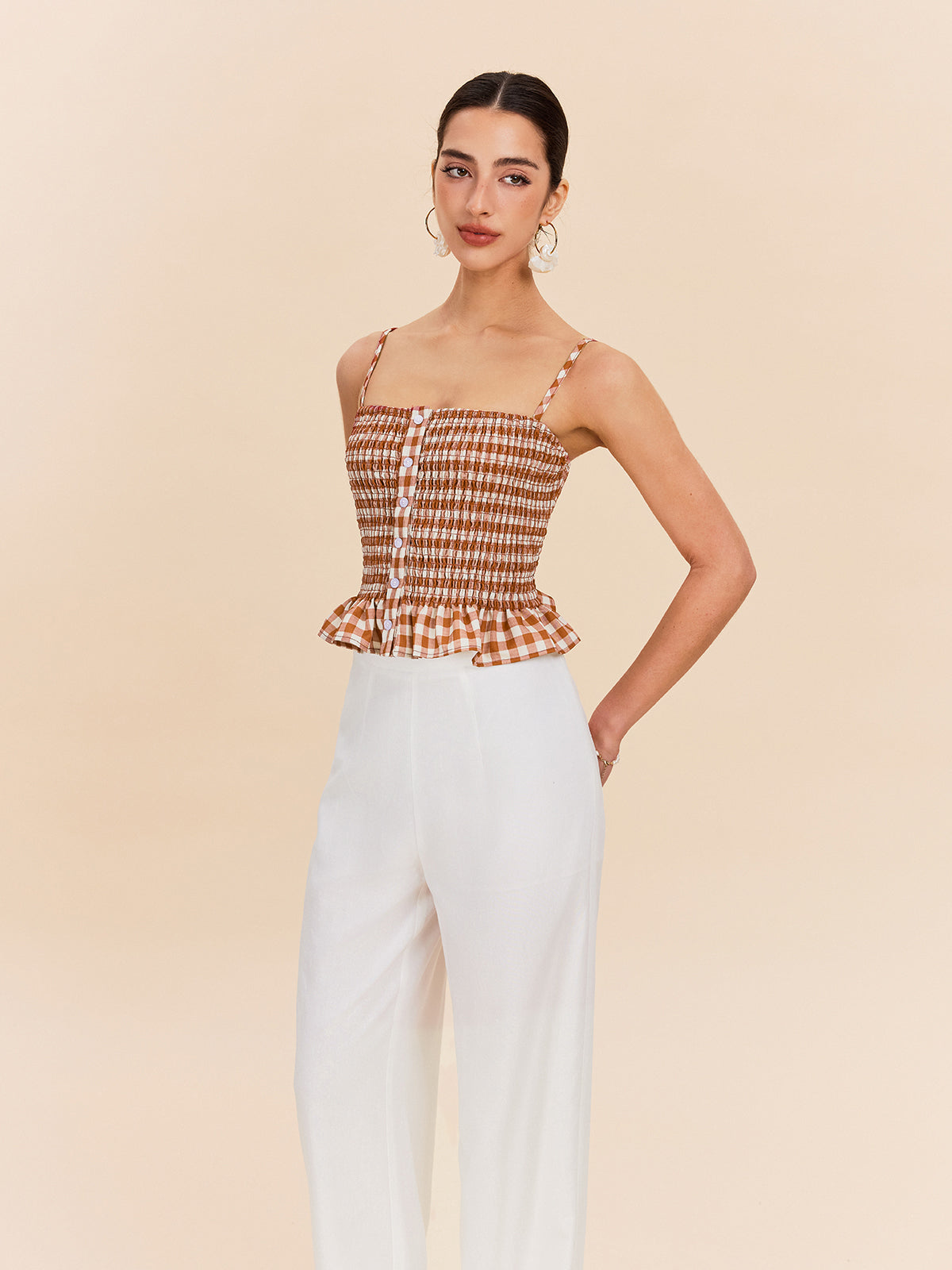 Gingham Smocked Peplum Cami Top-Chicvia