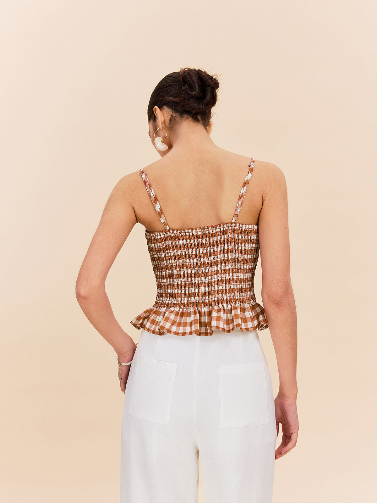 Gingham Smocked Peplum Cami Top-Chicvia