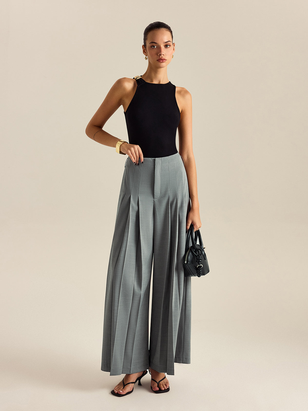 Pleated Wide-Leg Pants-Chicvia