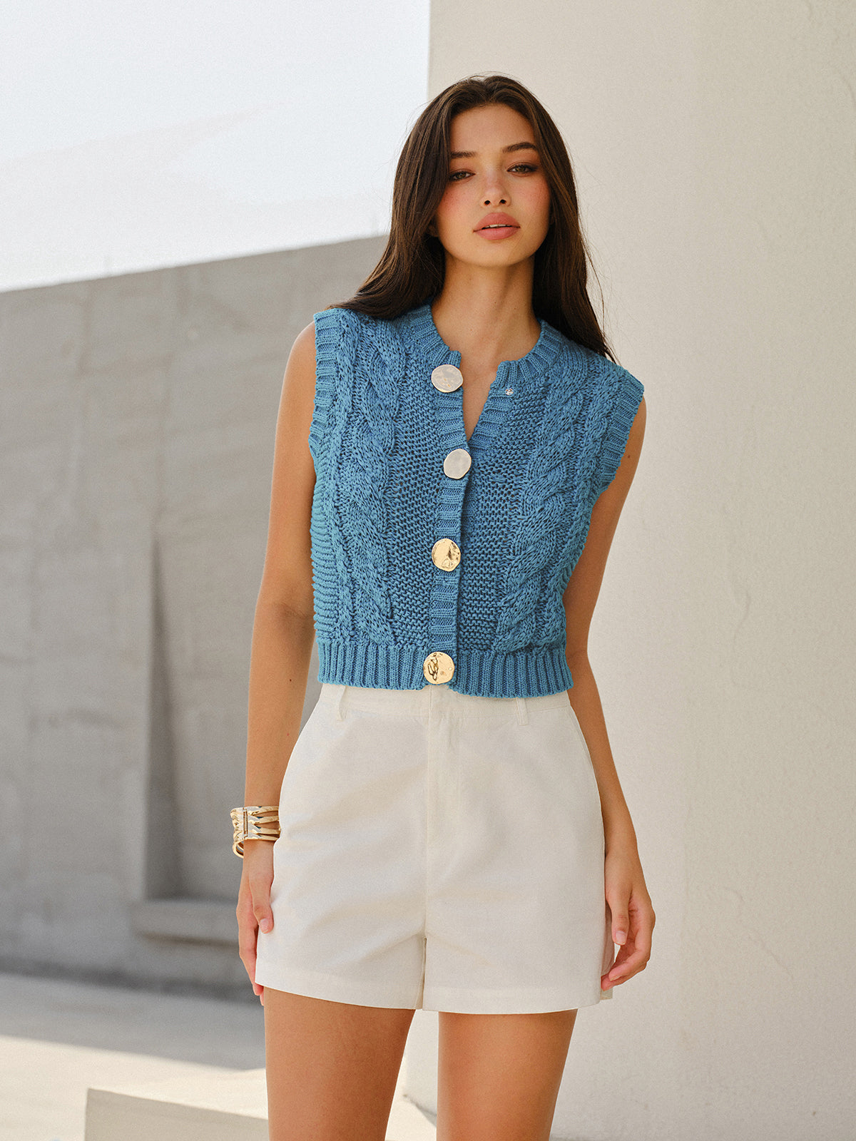Cable-Knit Sleeveless Buttoned Vest-Chicvia