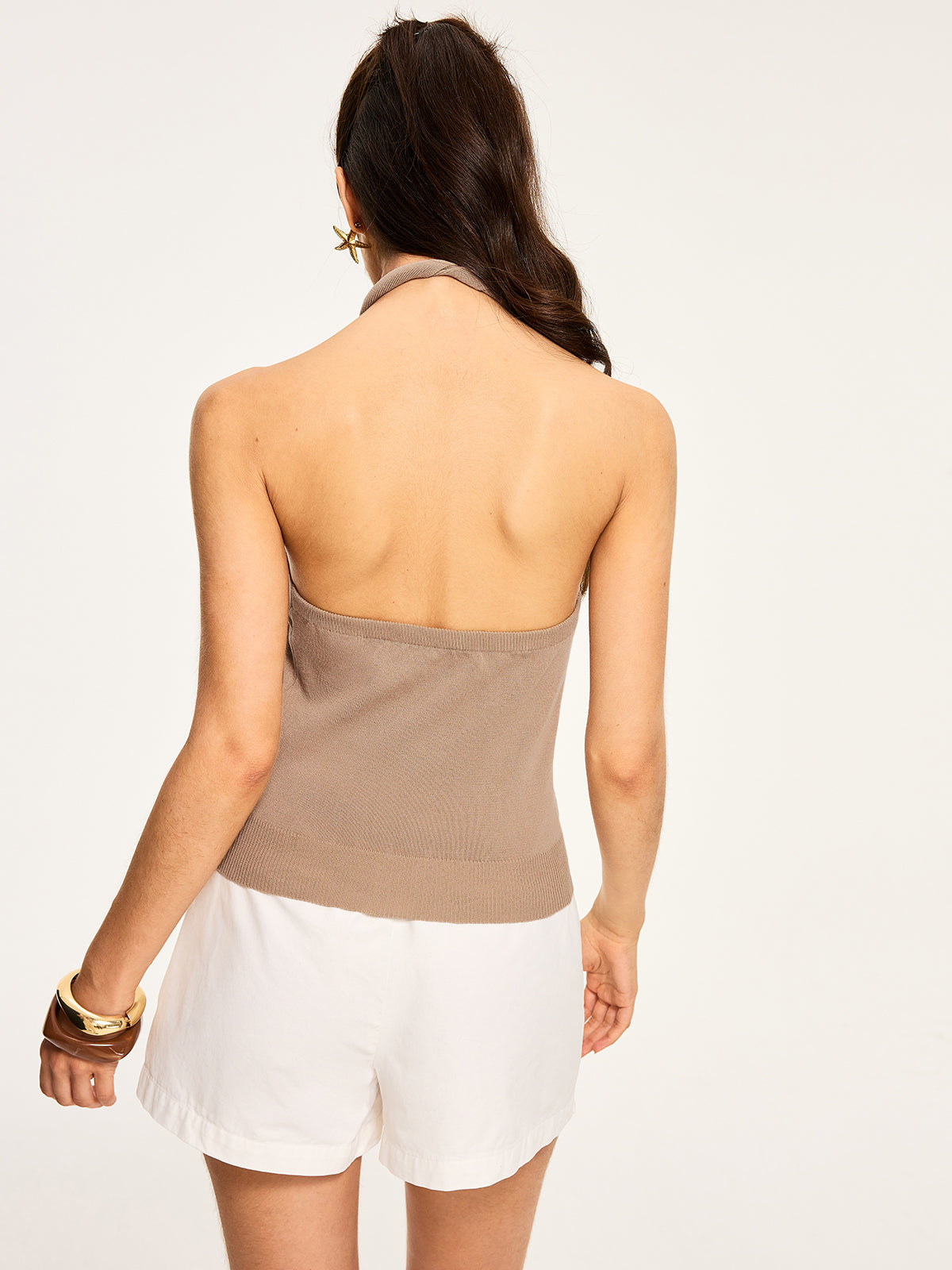 Metal Decor Cross-Strap Halter-Neck Top-Chicvia