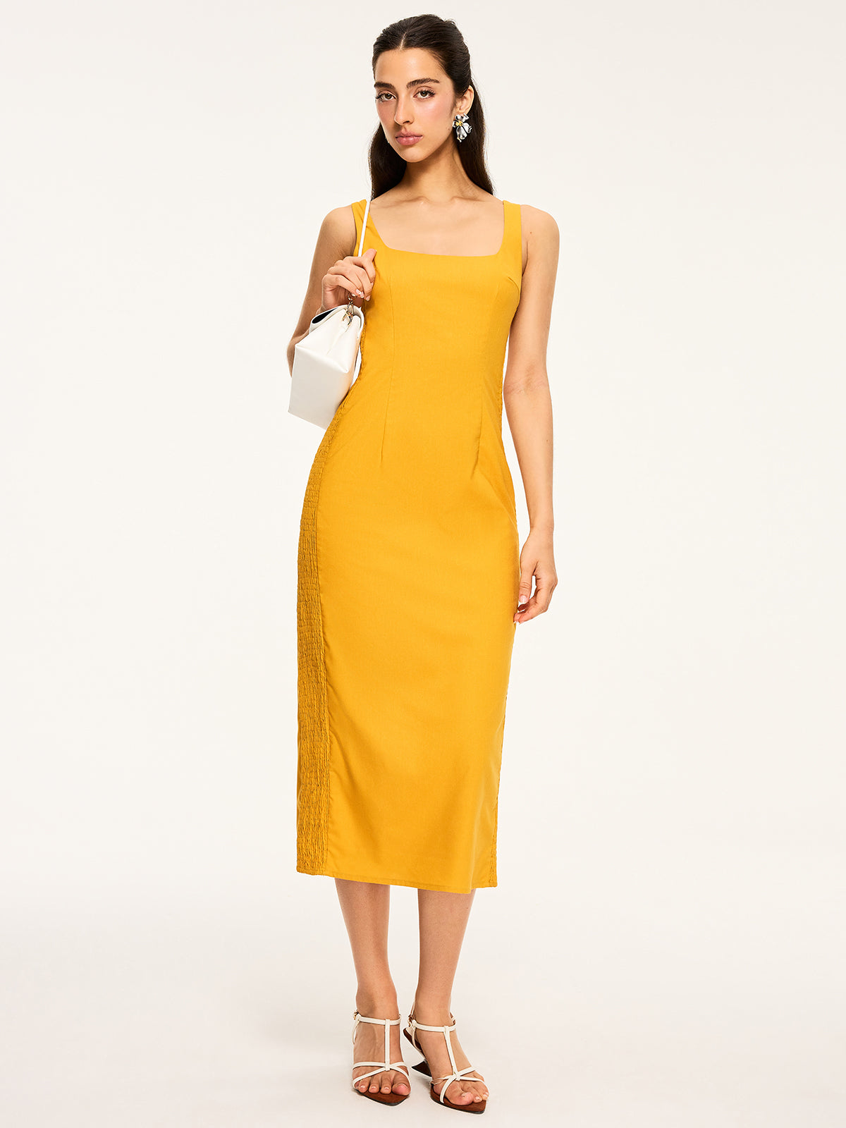 Cotton & Linen Shirred Midi Dress-Chicvia