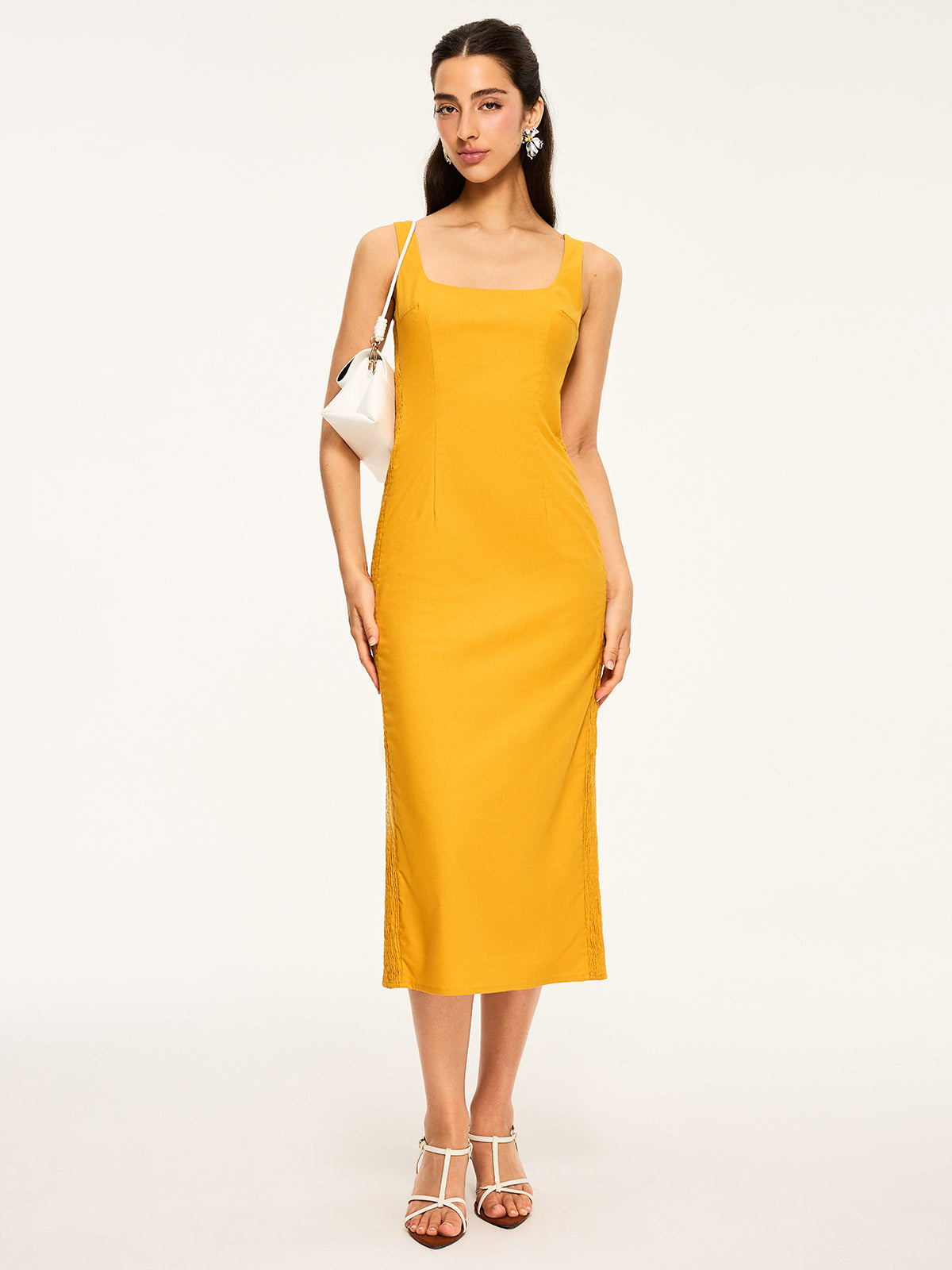 Cotton & Linen Shirred Midi Dress-Chicvia