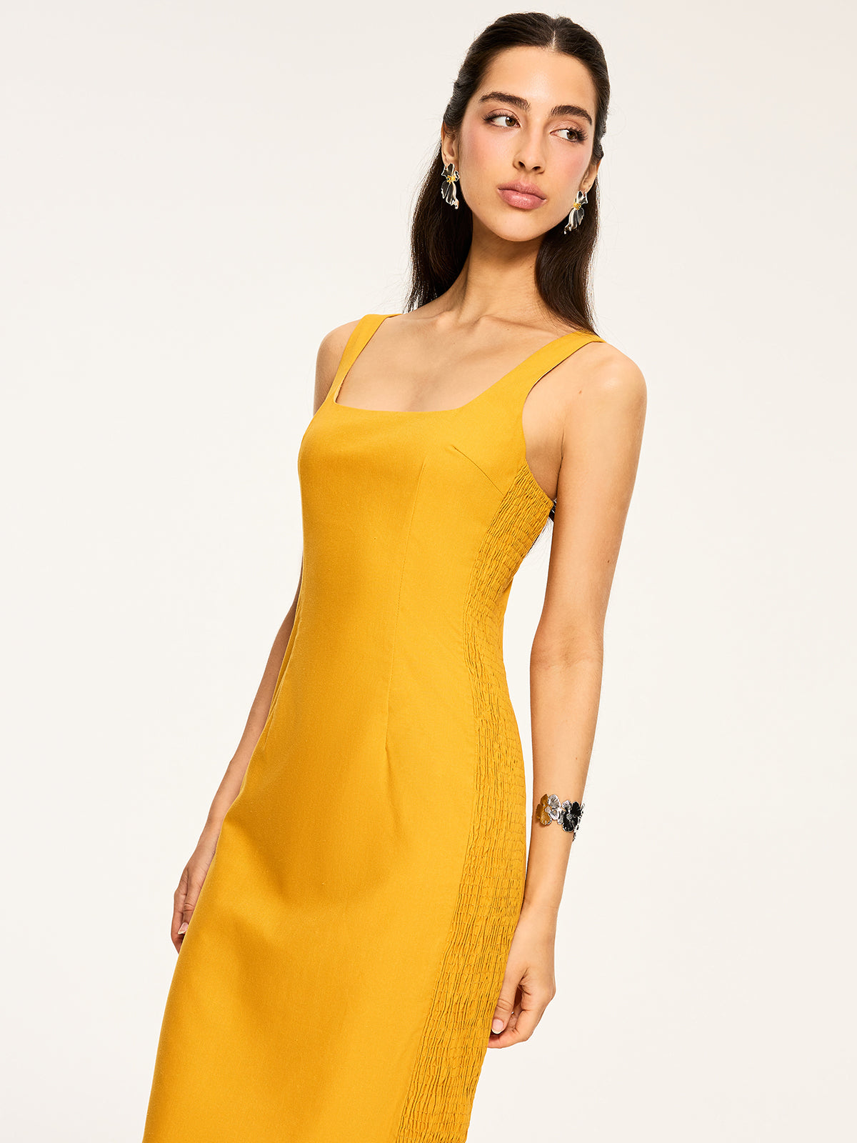 Cotton & Linen Shirred Midi Dress-Chicvia