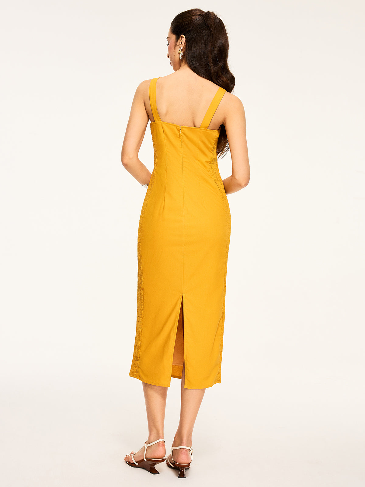 Cotton & Linen Shirred Midi Dress-Chicvia