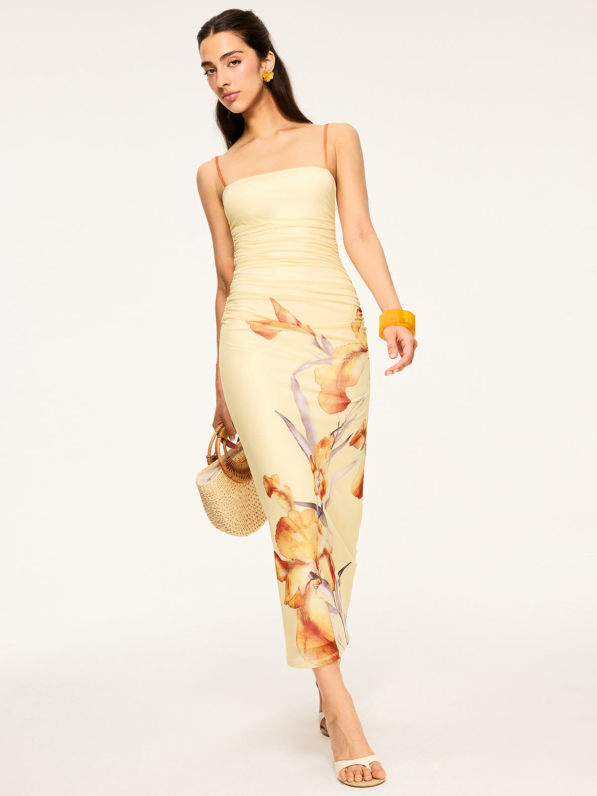 Floral Print Ruched Maxi Dress-Chicvia