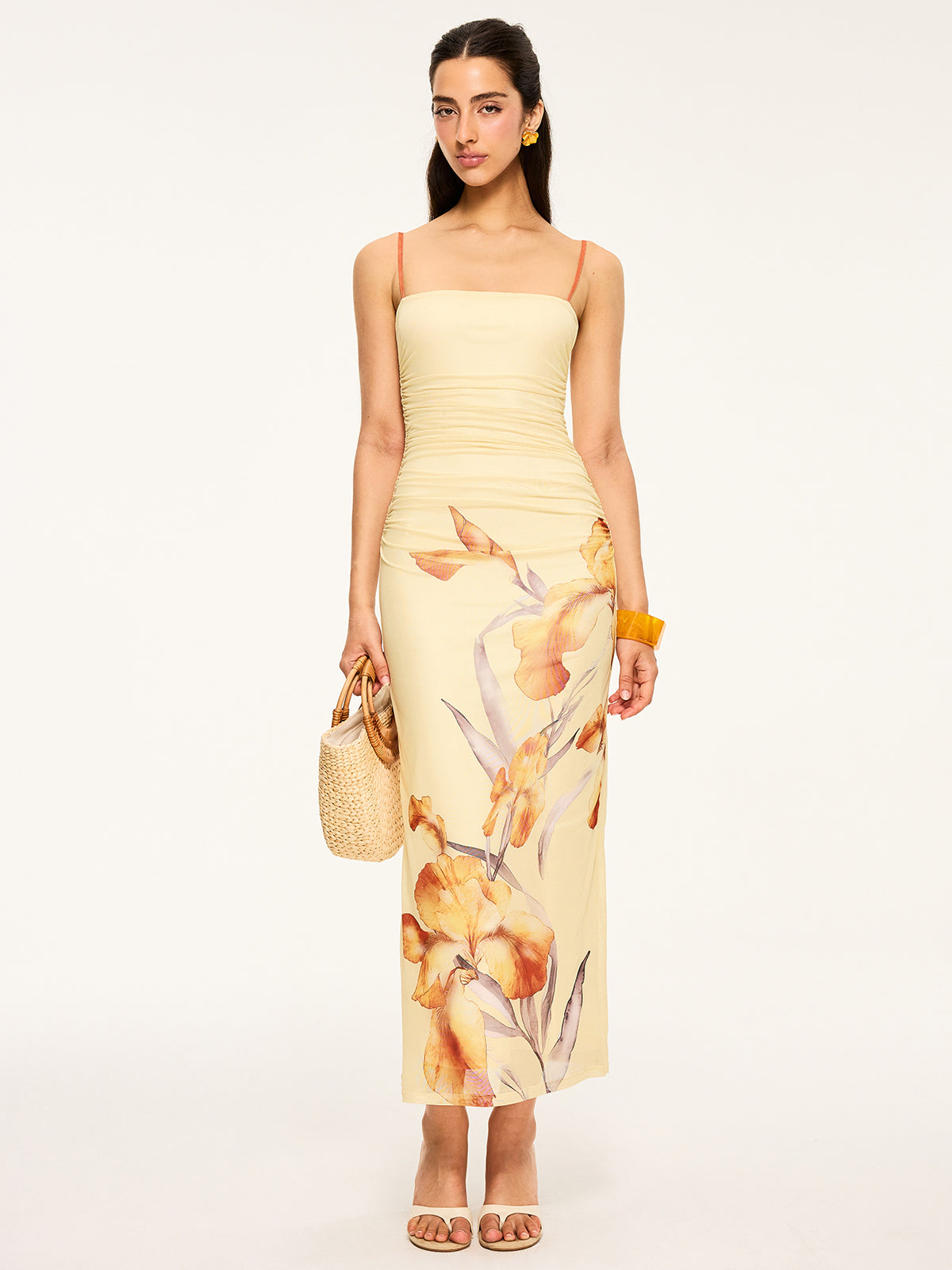 Floral Print Ruched Maxi Dress-Chicvia