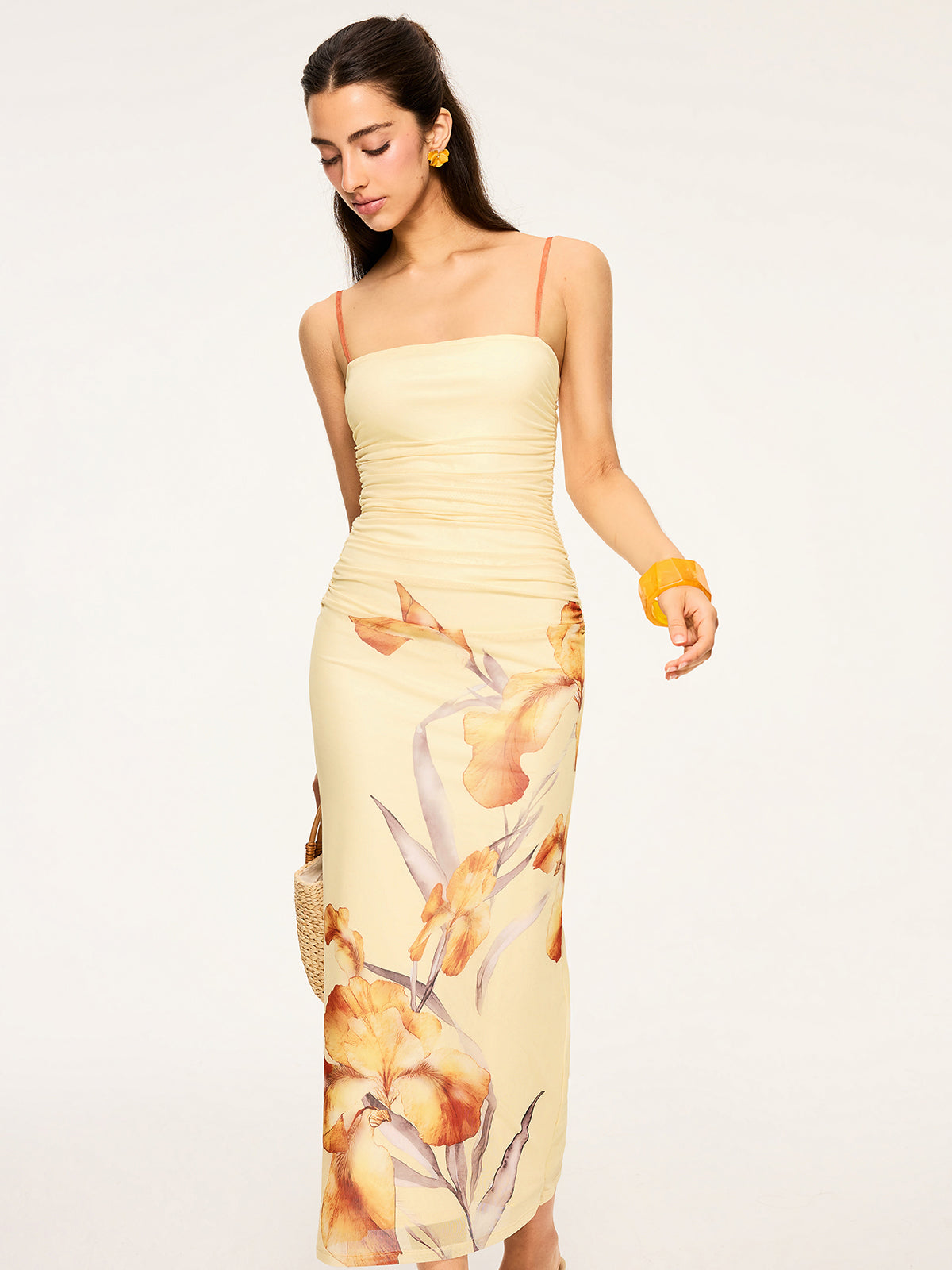 Floral Print Ruched Maxi Dress-Chicvia