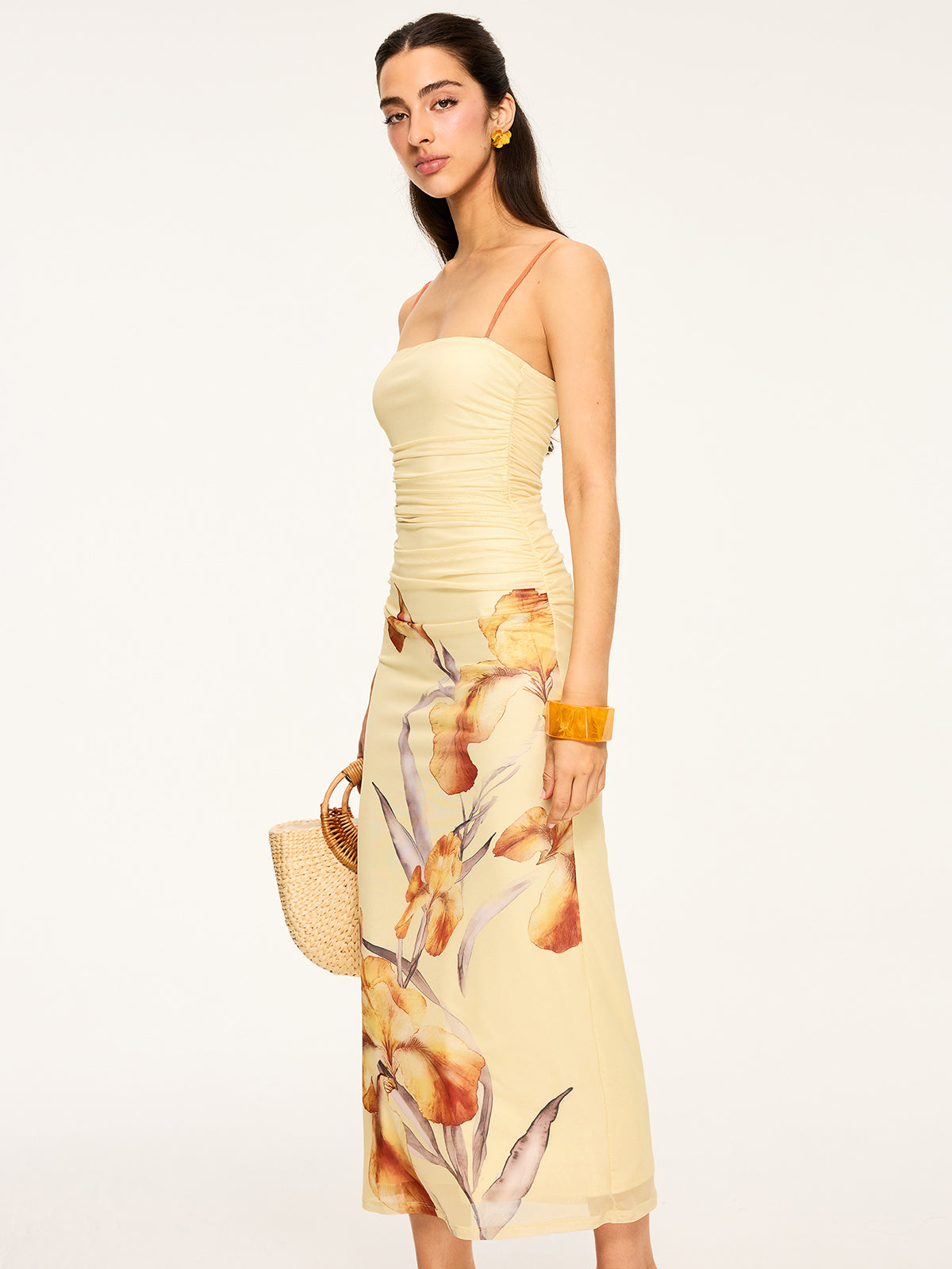 Floral Print Ruched Maxi Dress-Chicvia