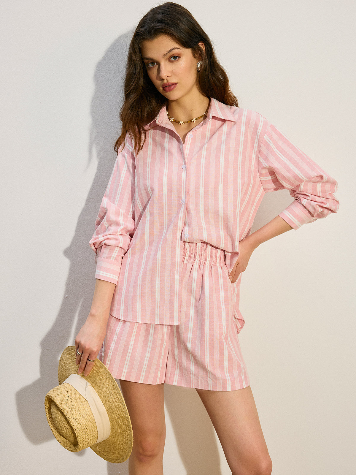 Oversized Striped Shorts Set-Chicvia