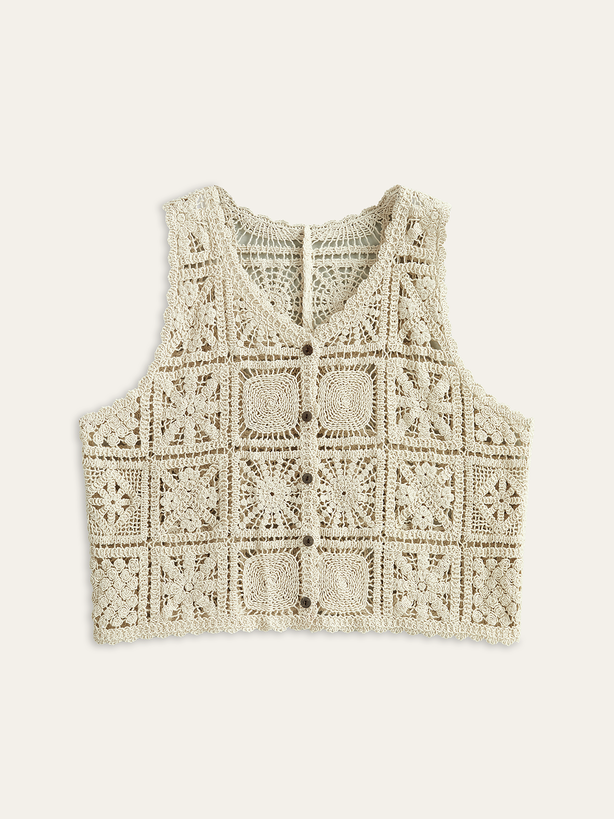 Crochet Knit Vest with Button Front-Chicvia