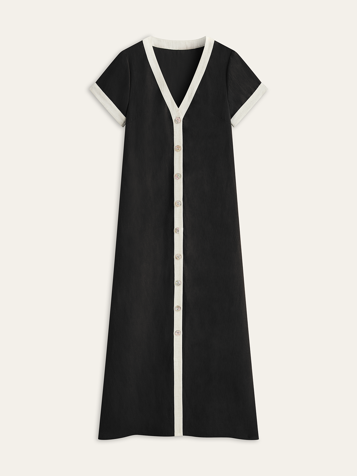 Cotton & Linen High-Slit Contrast Trim Dress-Chicvia
