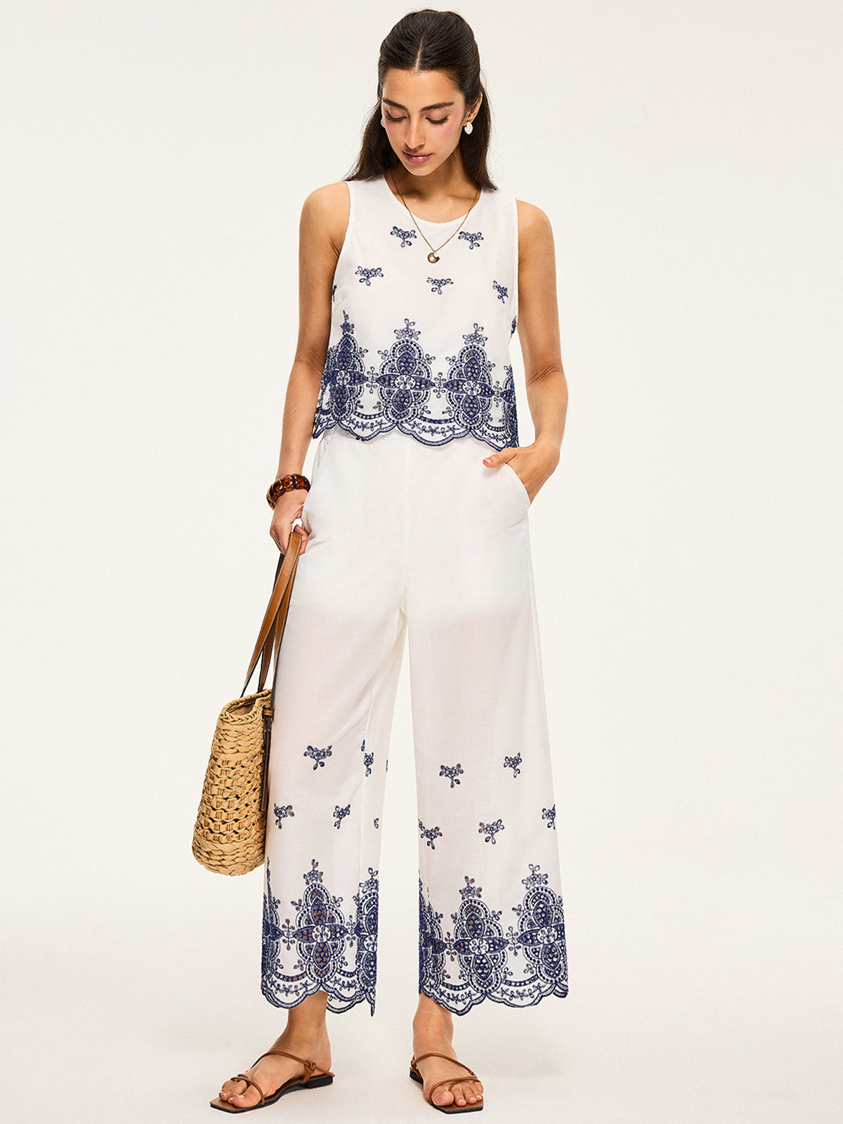 Embroidered Cropped Top and Wide-Leg Pants Set-Chicvia