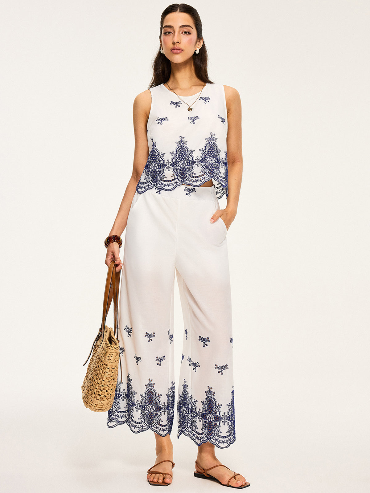 Embroidered Cropped Top and Wide-Leg Pants Set-Chicvia