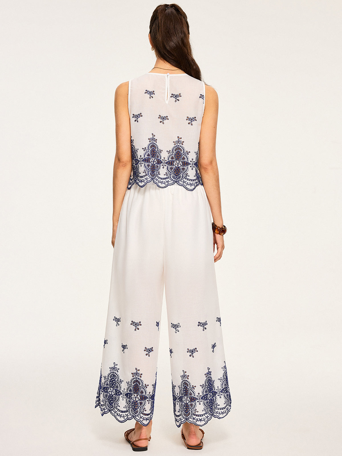 Embroidered Cropped Top and Wide-Leg Pants Set-Chicvia