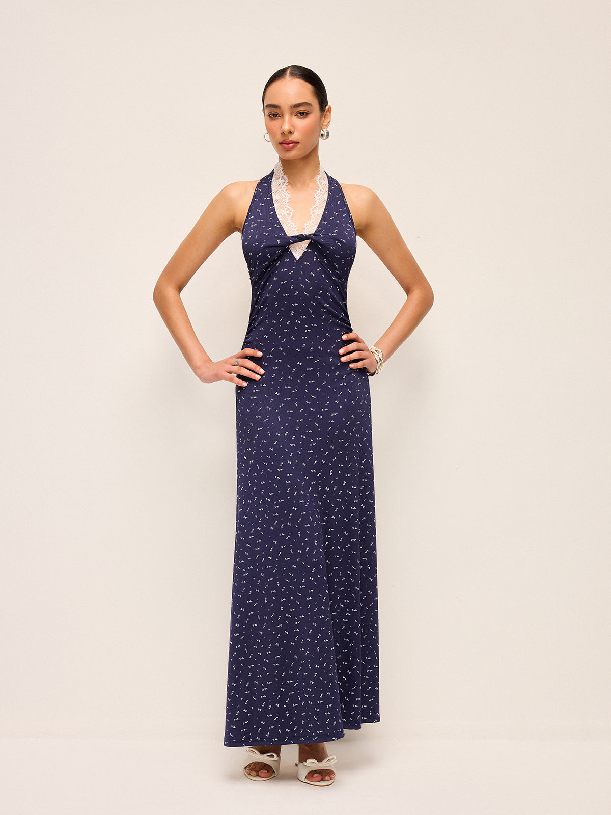 Lace Trim Halter Neck Printed Dress-Chicvia