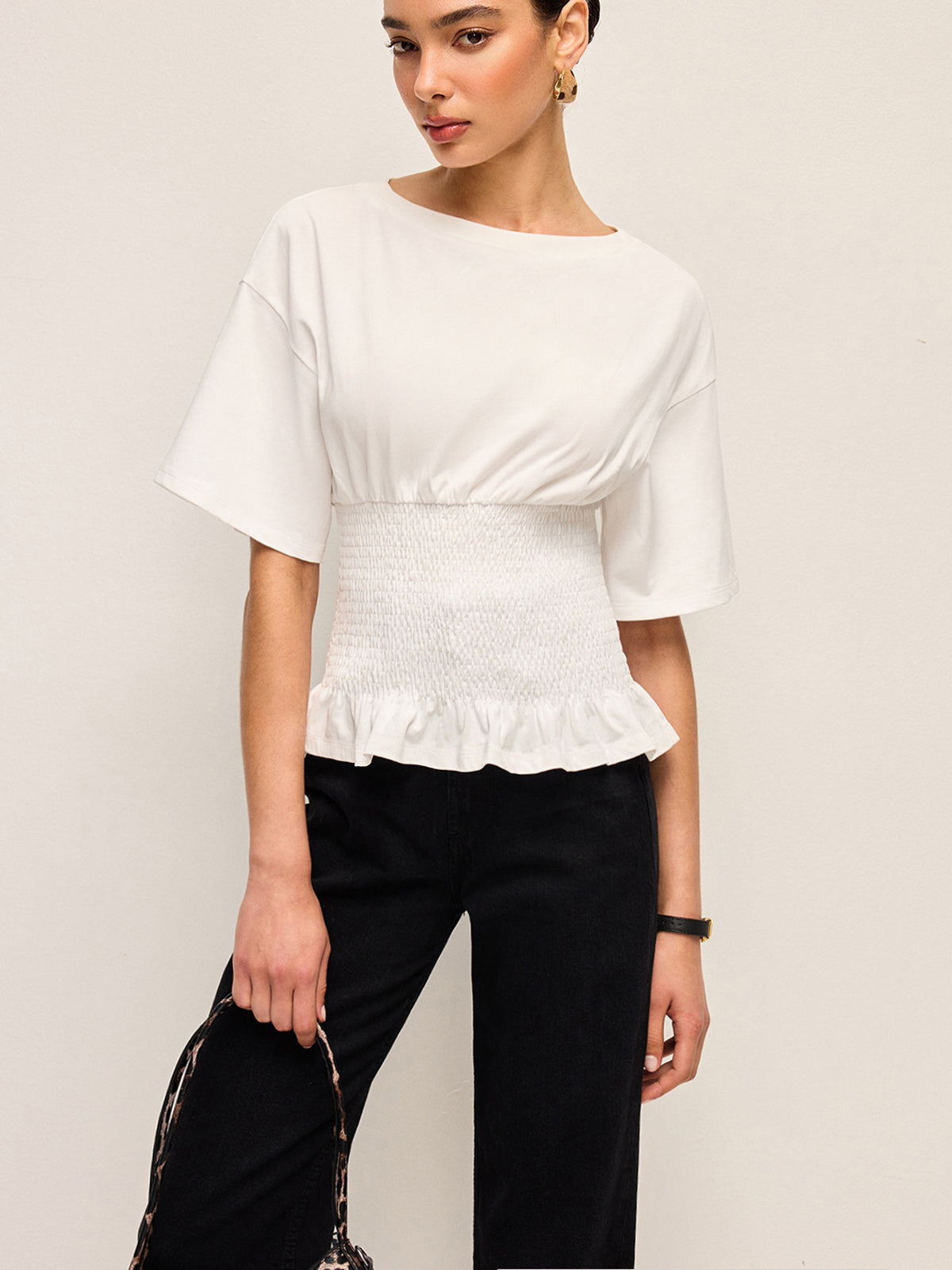 Cotton Smocked Waist Ruffle Hem Top-Chicvia