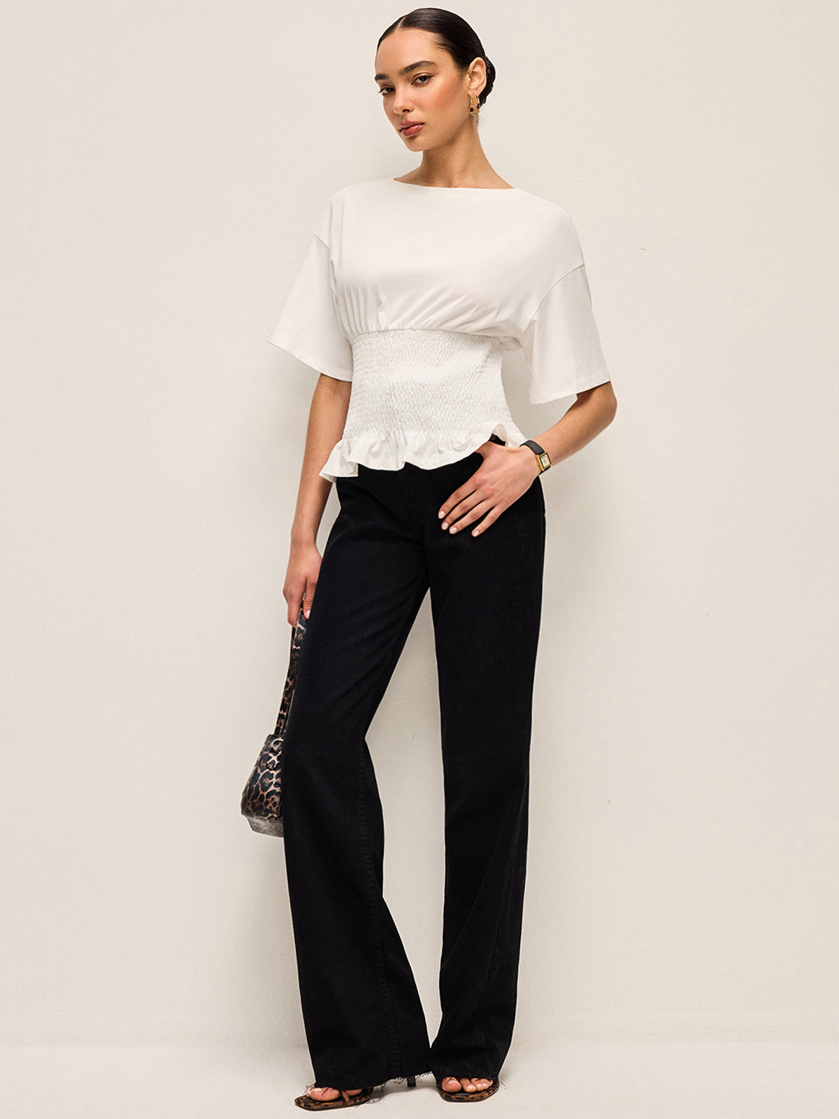 Cotton Smocked Waist Ruffle Hem Top-Chicvia