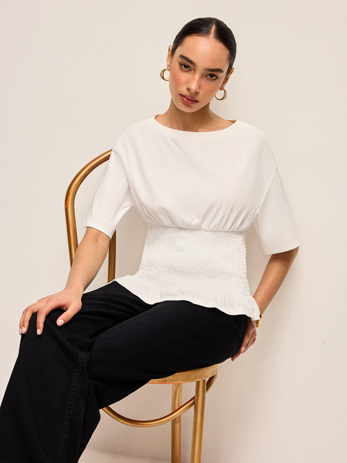 Cotton Smocked Waist Ruffle Hem Top-Chicvia