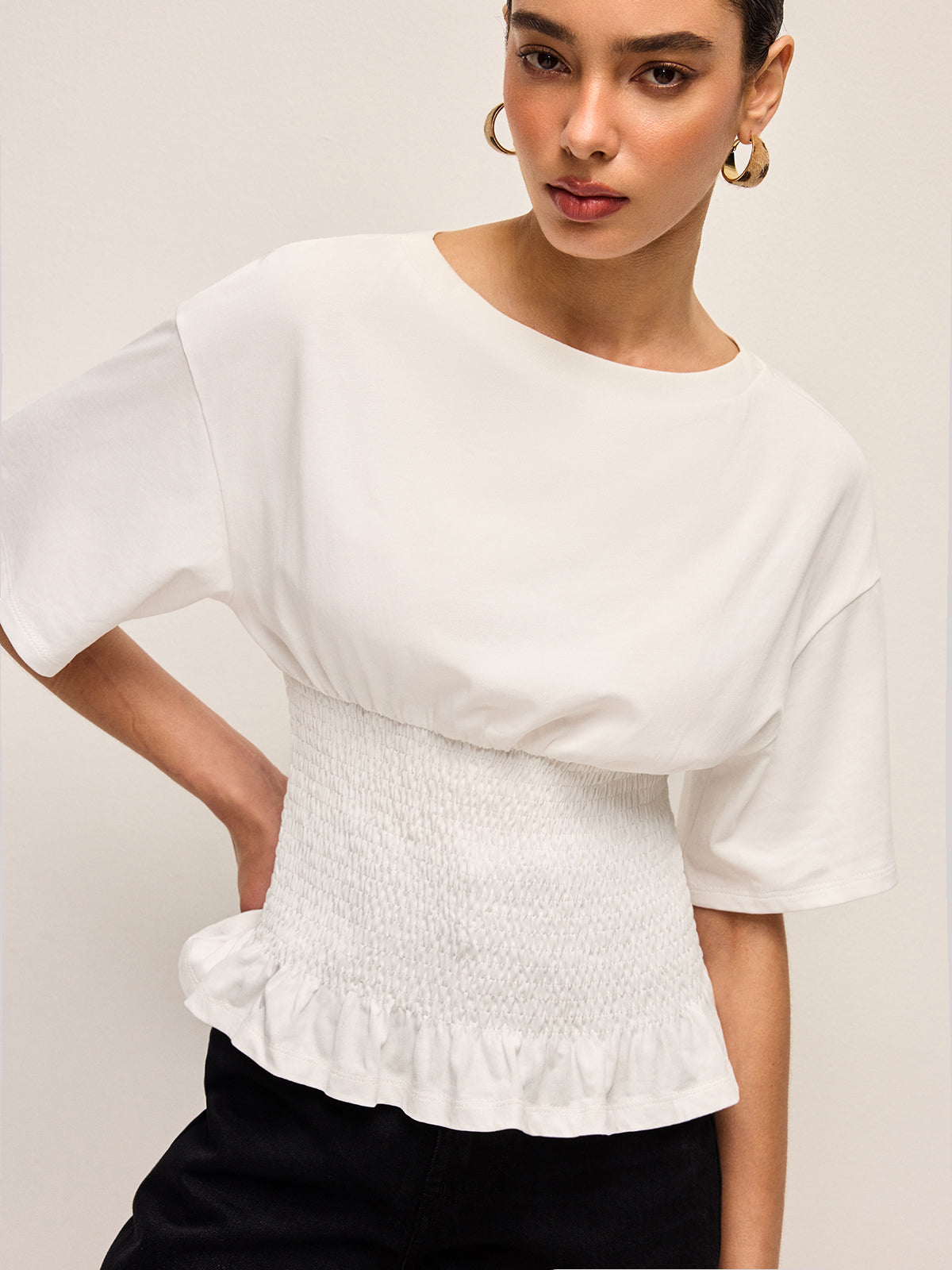 Cotton Smocked Waist Ruffle Hem Top-Chicvia