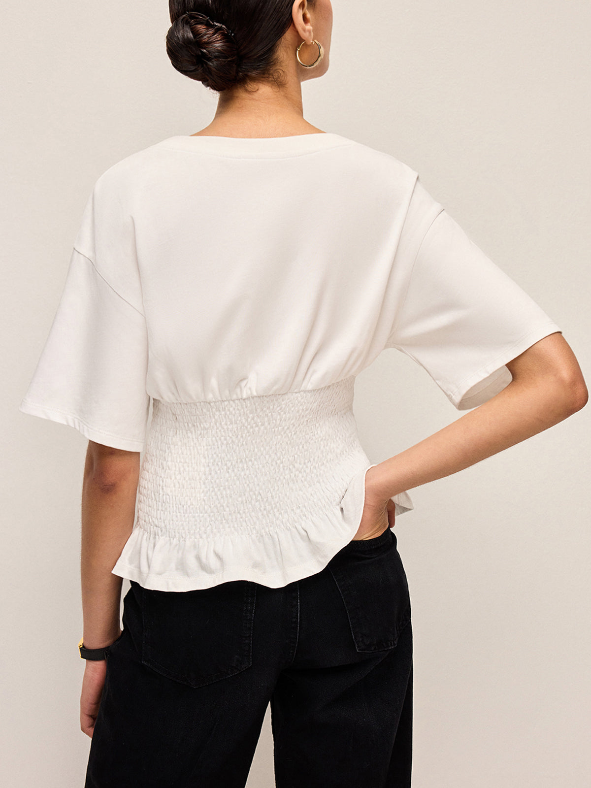 Cotton Smocked Waist Ruffle Hem Top-Chicvia