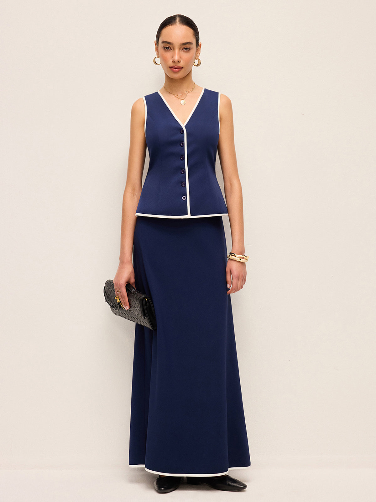 Contrast Trim V-Neck Vest Top With Back Tie-Chicvia