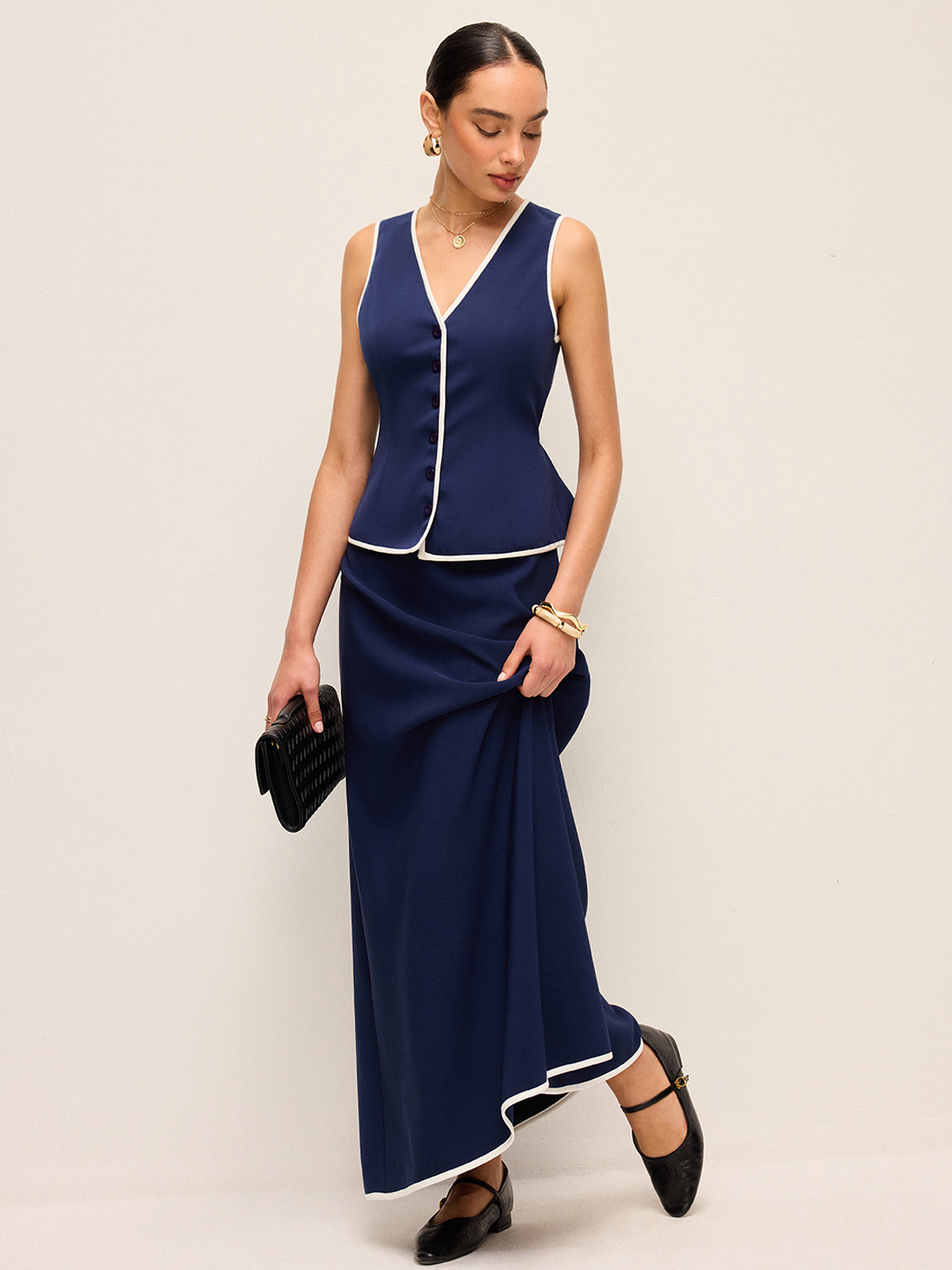 Contrast Trim V-Neck Vest Top With Back Tie-Chicvia