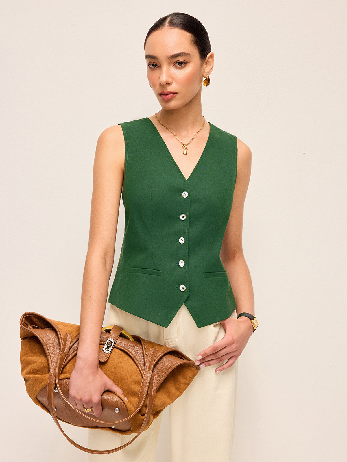 Cotton & Linen Asymmetric Button Vest With Back Bow-Chicvia