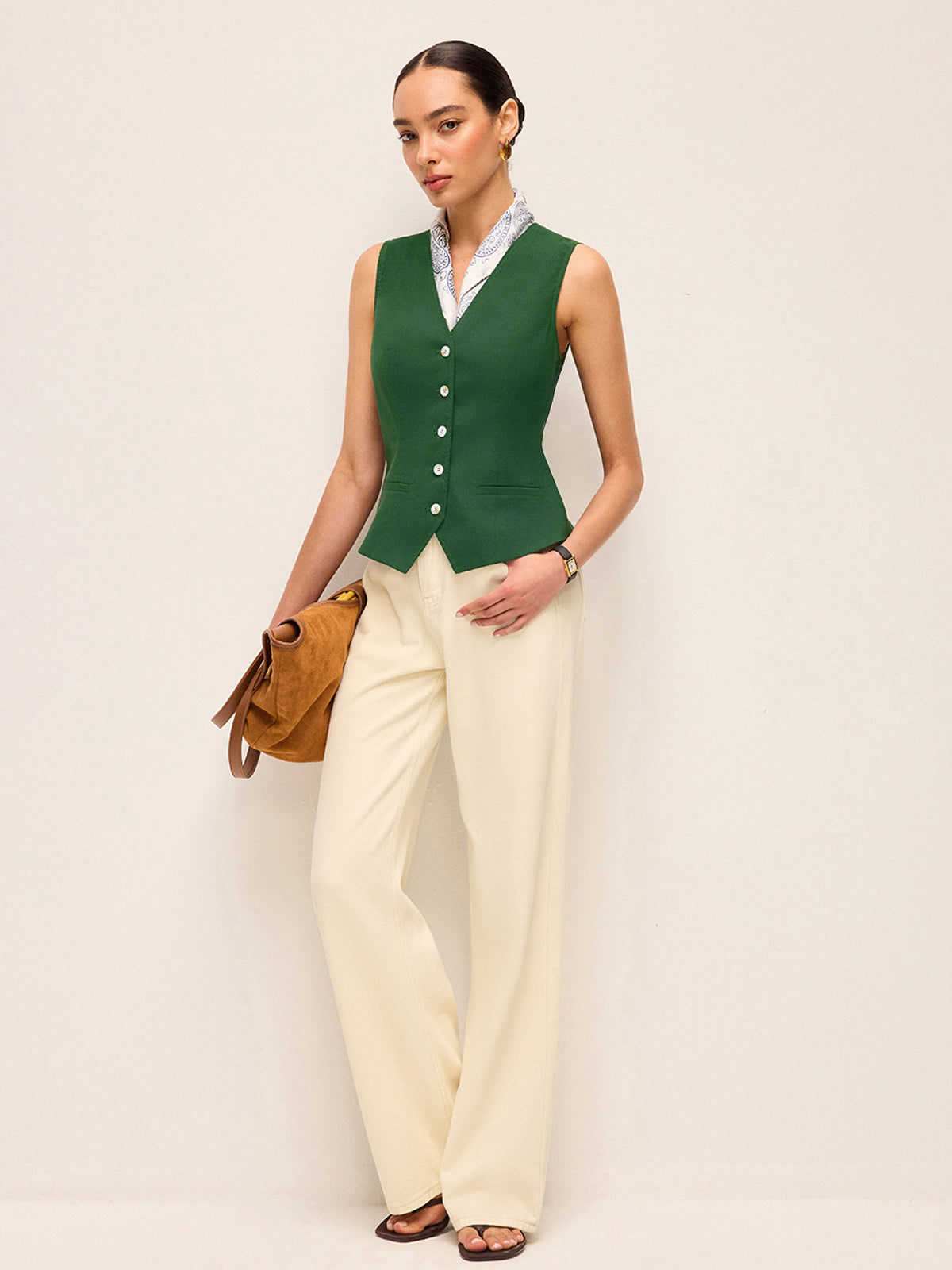 Cotton & Linen Asymmetric Button Vest With Back Bow-Chicvia