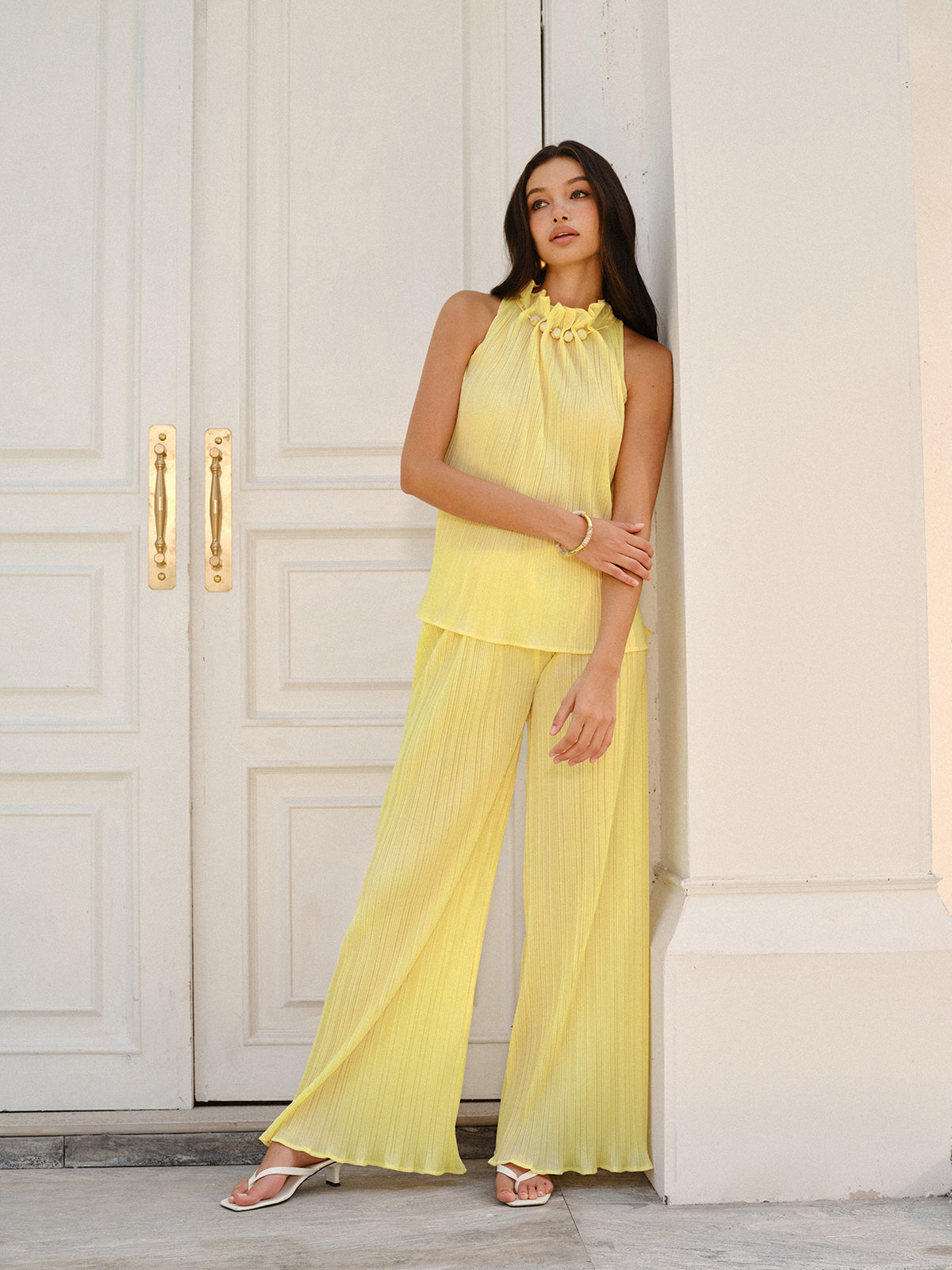 Pleated Top and Wide-Leg Pants Set-Chicvia
