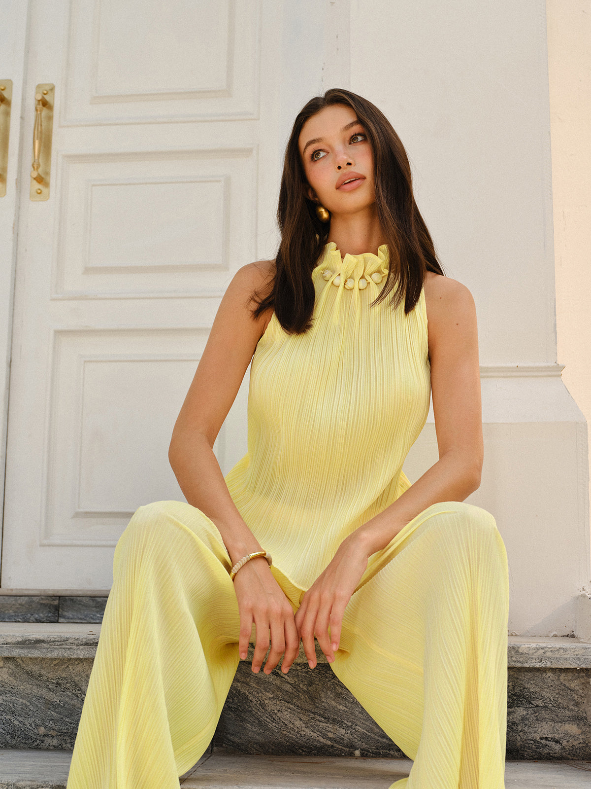 Pleated Top and Wide-Leg Pants Set-Chicvia